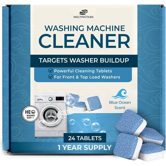 Washing Machine Cleaner Tablets – Deep Clean Washer Descale, Laundry Tub Cleaning Solution, Smell Fresh, Eliminates Buildup & Dirt, For Front Top Load Washers, Easy-to-Use Tablets, 24 Pack