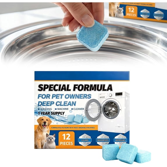 Washing Machine Cleaner Tablets for Pet Hair & Odor, Deep Clean Front Load & Top Load Washers, Dissolves Buildup in Drum & Hoses, Monthly Maintenance, 12 Count(1PCS,C)