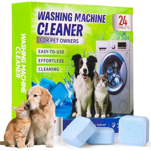 Washing Machine Cleaner Tablets for Pet Owners - Easily Removes Cat & Dog Hair, Urine, Odor,Residue,Front & Top Load Washer Machine Cleaner Deep Cleaning, Septic Safe, 24 Pack (12 Month Supply)
