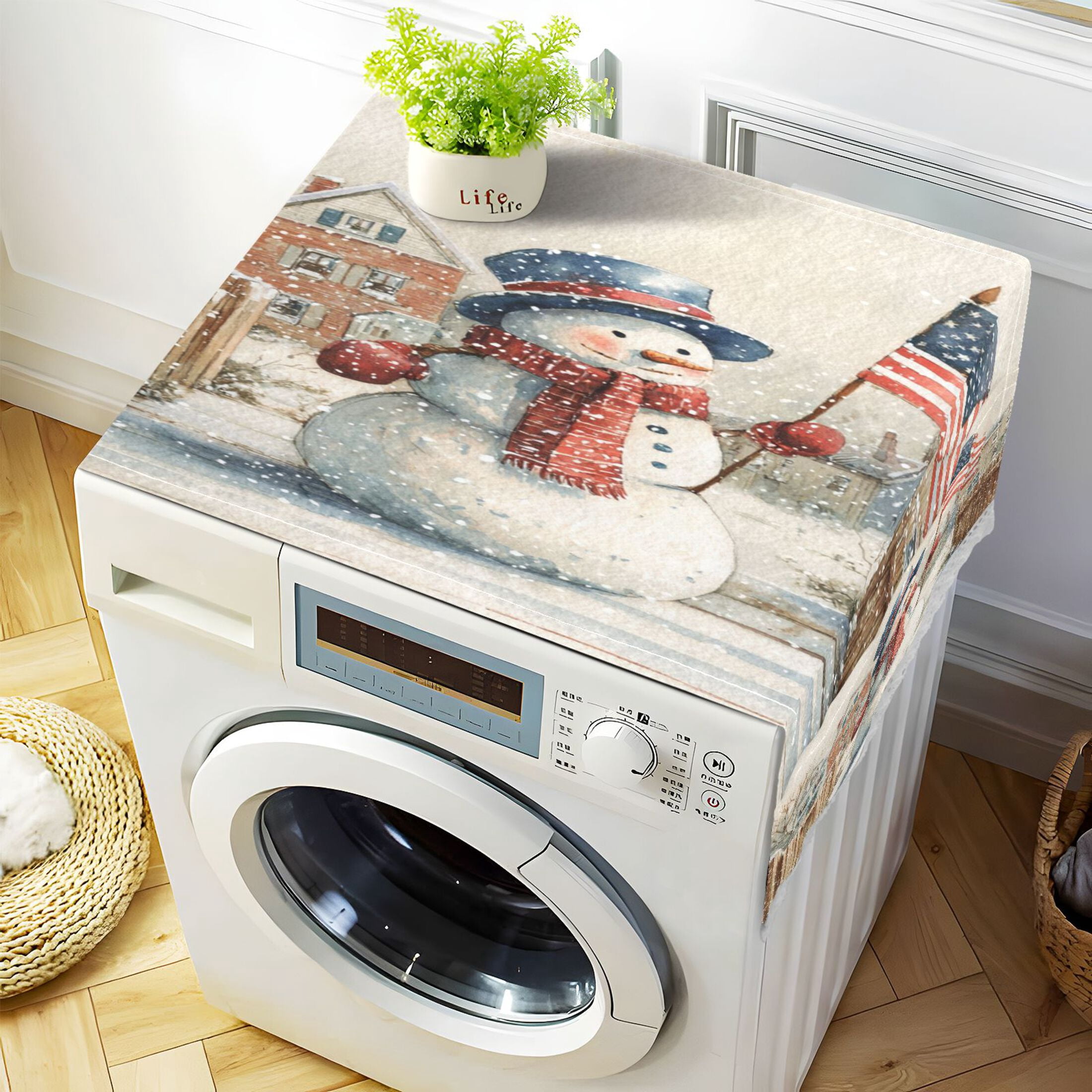 Washing Machine Cover 51.2x22in, Durable Polyester Dust Cover with Lace Trim and Side Pocket for Appliances American Flag Snowman