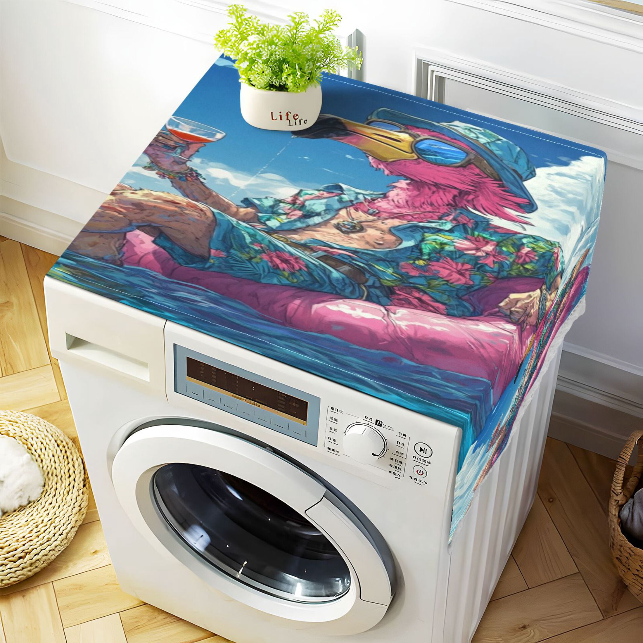 Washing Machine Cover 51.2x22in, Durable Polyester Dust Cover with Lace Trim and Side Pocket for Appliances Anime Flamingo