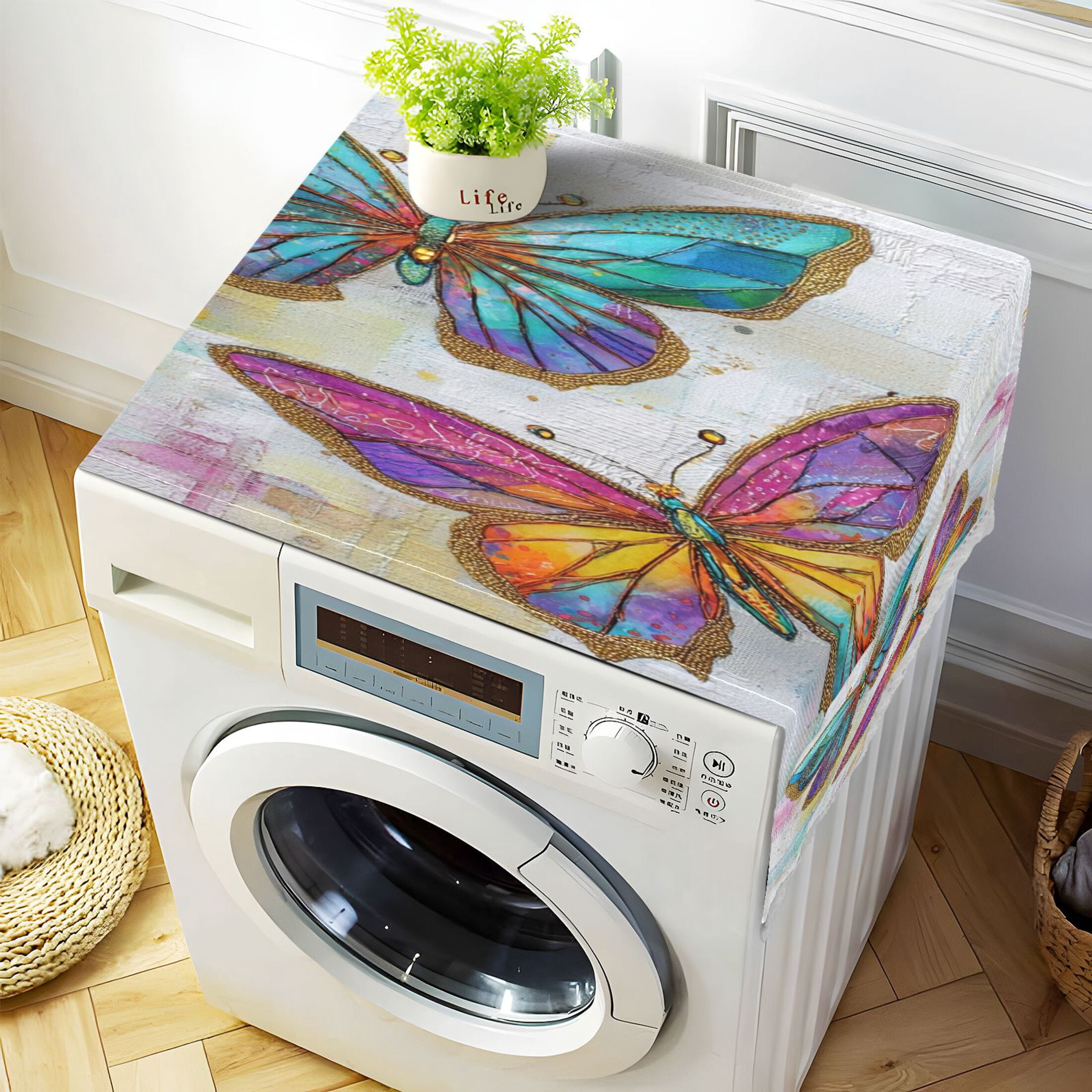 Washing Machine Cover 51.2x22in, Durable Polyester Dust Cover with Lace Trim and Side Pocket for Appliances Artistic Butterfly