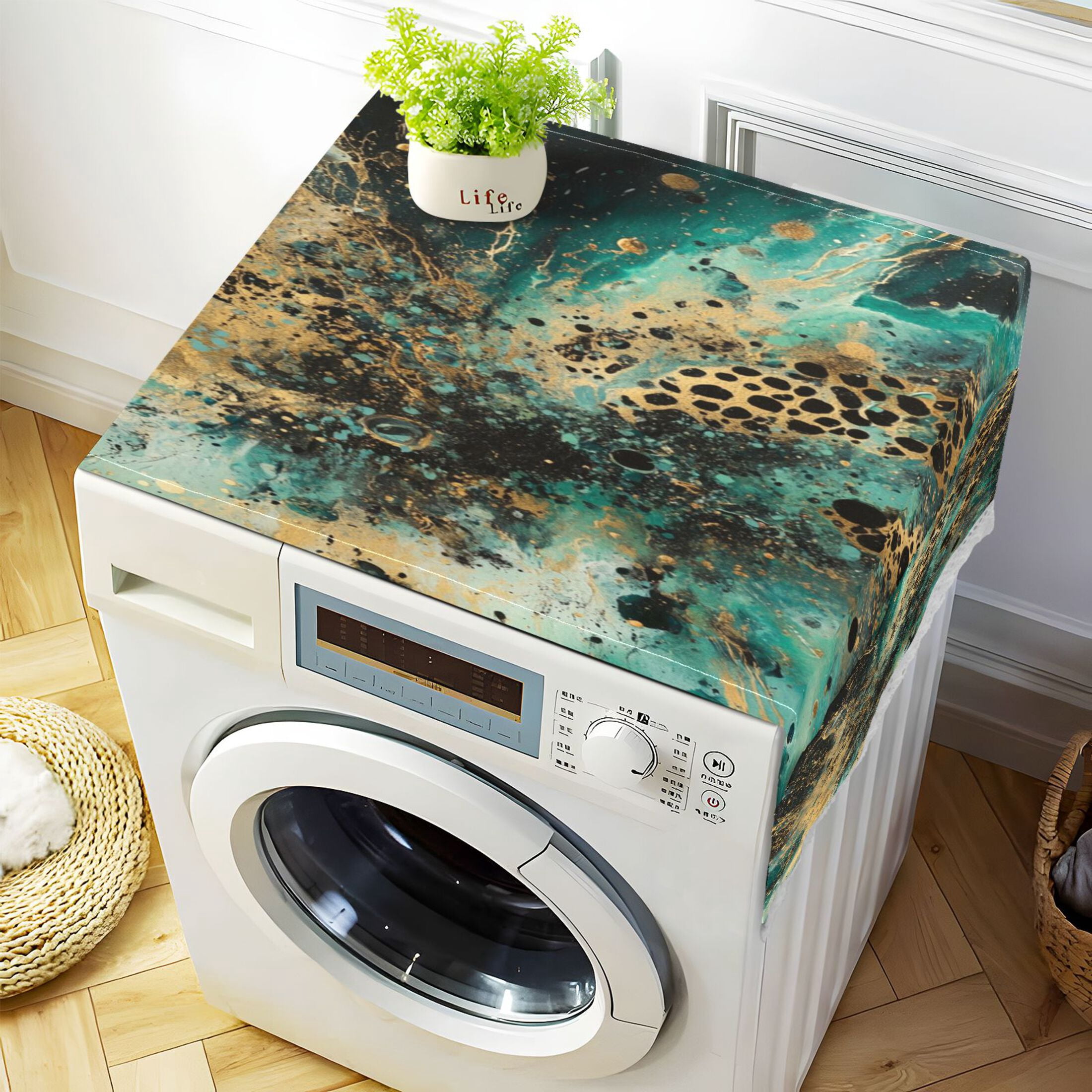 Washing Machine Cover 51.2x22in, Durable Polyester Dust Cover with Lace Trim and Side Pocket for Appliances Artistic Leopard