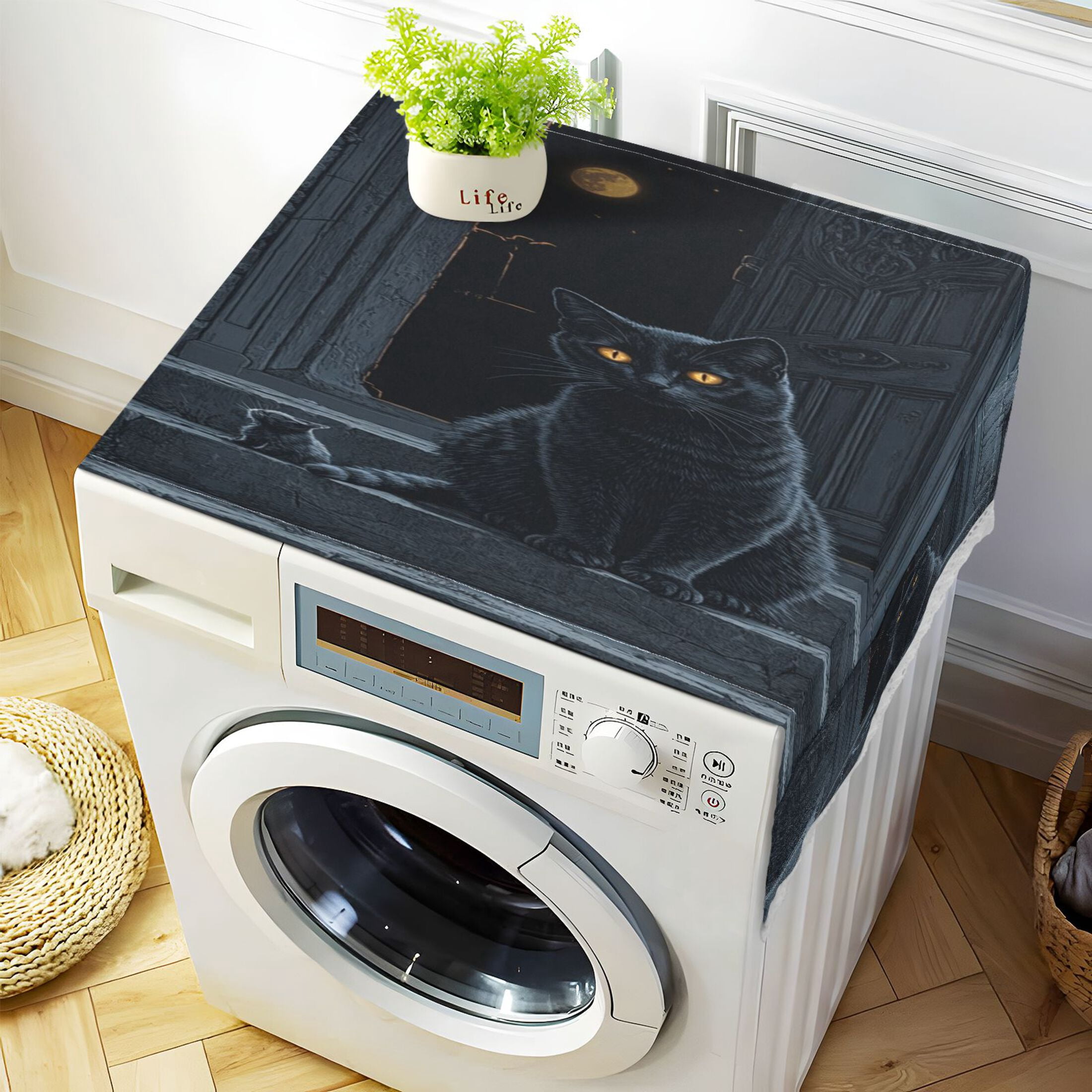 Washing Machine Cover 51.2x22in, Durable Polyester Dust Cover with Lace Trim and Side Pocket for Appliances Black Cat Guard