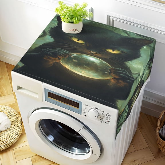Washing Machine Cover 51.2x22in, Durable Polyester Dust Cover with Lace Trim and Side Pocket for Appliances Black Cat Magic Ball