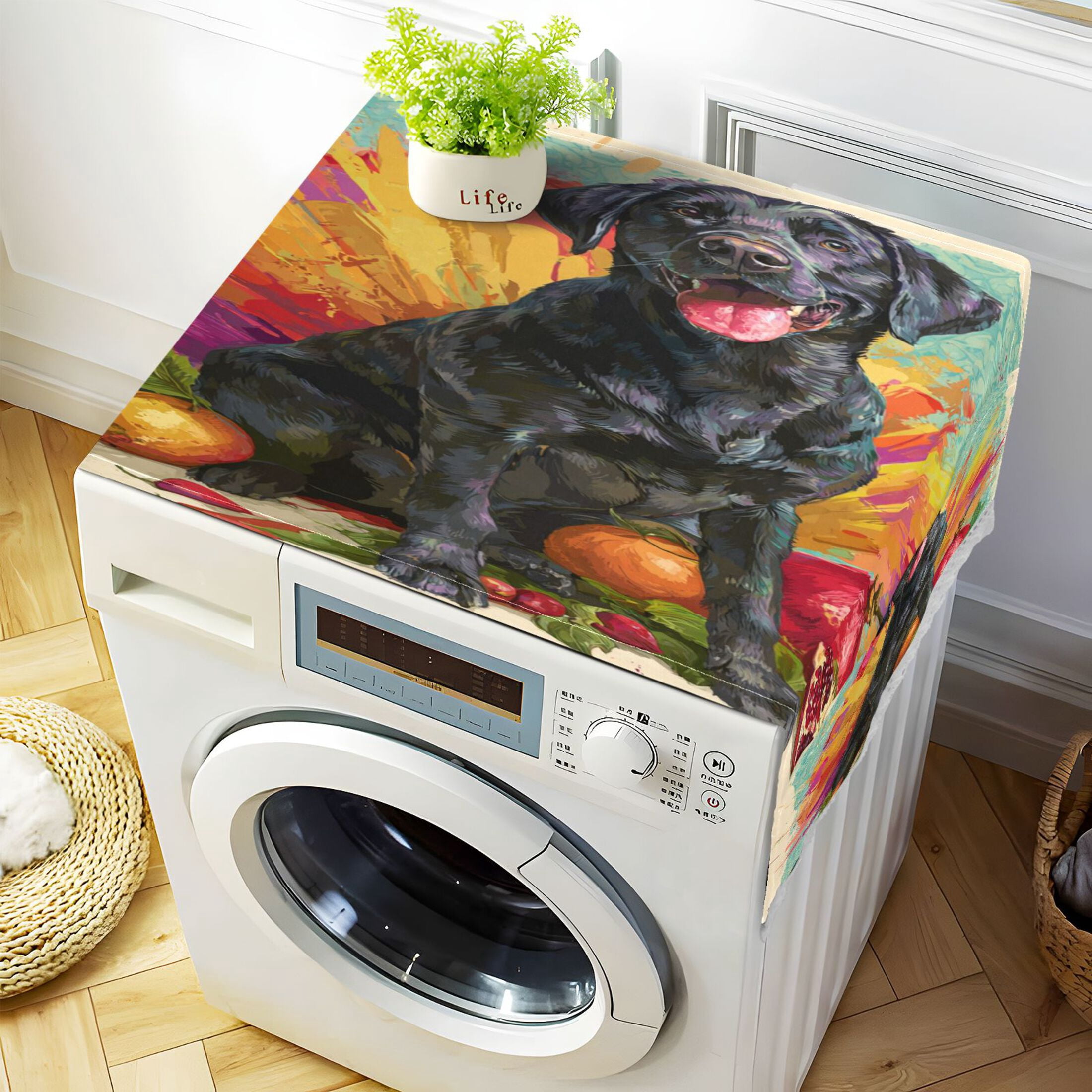 Washing Machine Cover 51.2x22in, Durable Polyester Dust Cover with Lace Trim and Side Pocket for Appliances Black Labrador