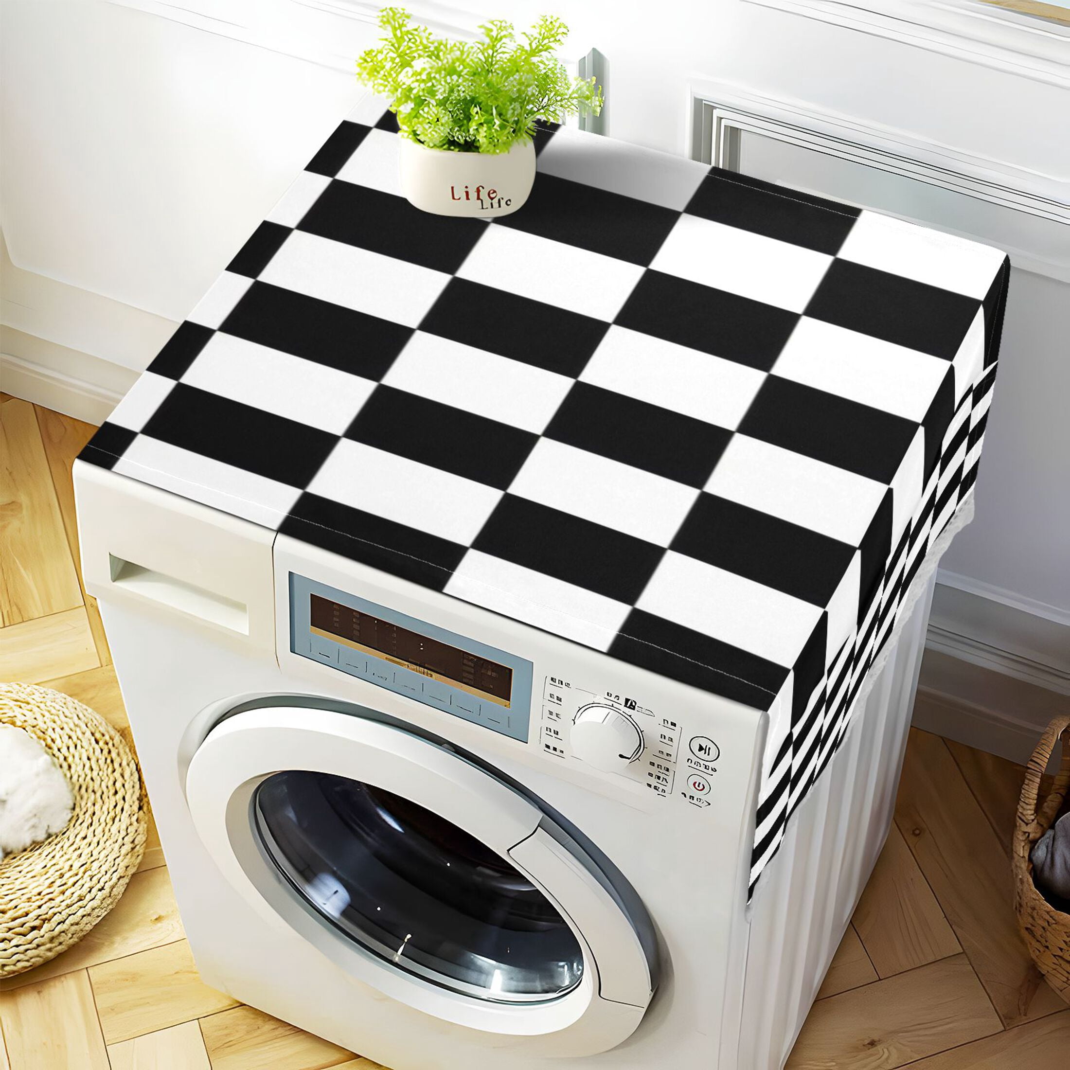 Washing Machine Cover 51.2x22in, Durable Polyester Dust Cover with Lace Trim and Side Pocket for Appliances Black and White Checkered