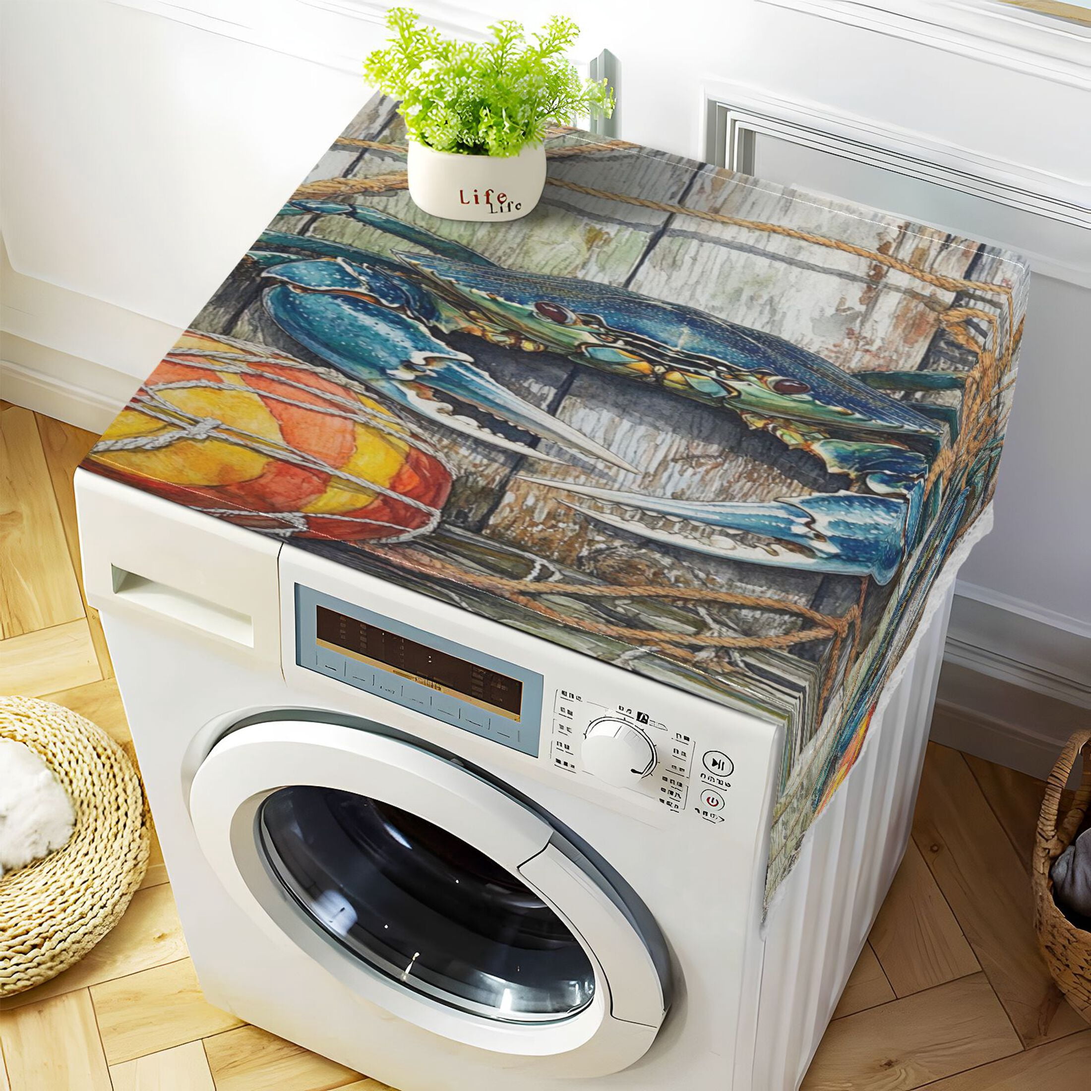 Washing Machine Cover 51.2x22in, Durable Polyester Dust Cover with Lace Trim and Side Pocket for Appliances Blue Crab