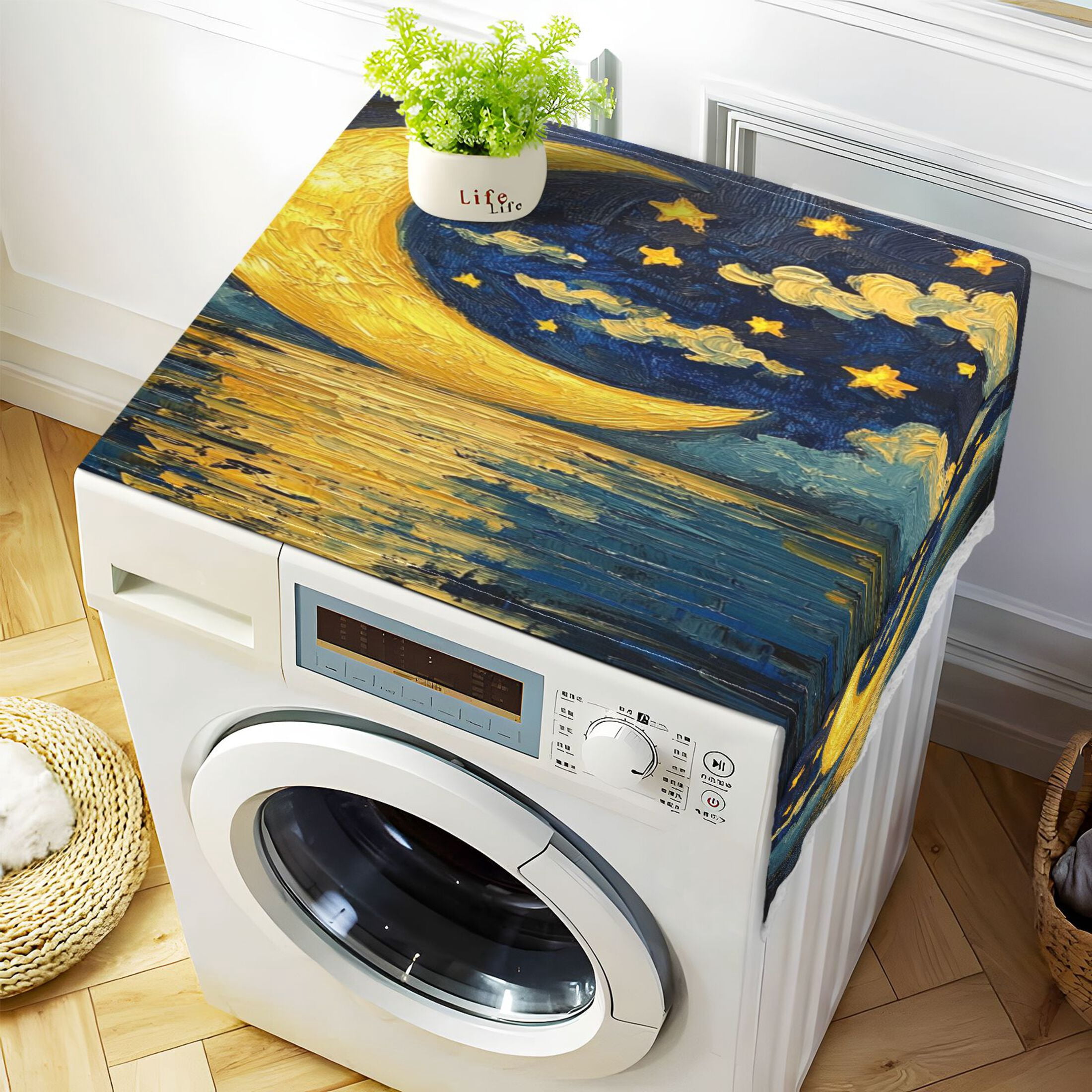 Washing Machine Cover 51.2x22in, Durable Polyester Dust Cover with Lace Trim and Side Pocket for Appliances Bright Moon over The Water