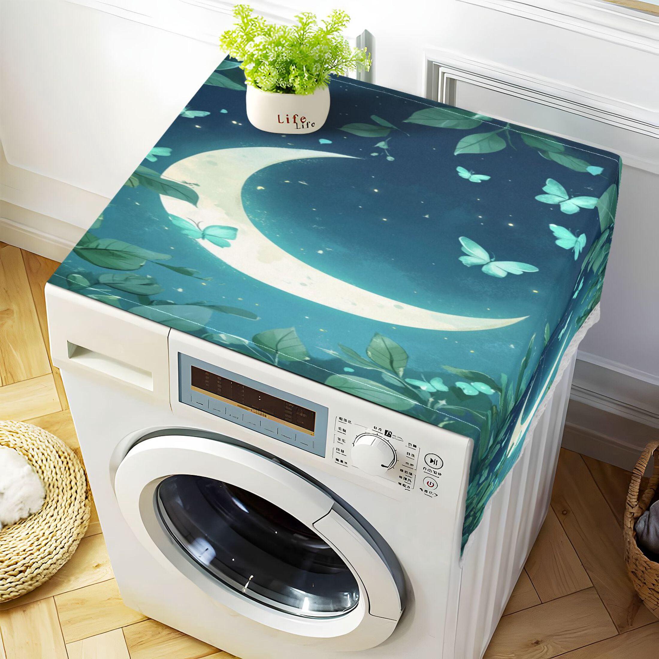 Washing Machine Cover 51.2x22in, Durable Polyester Dust Cover with Lace Trim and Side Pocket for Appliances Butterfly Around The Moon