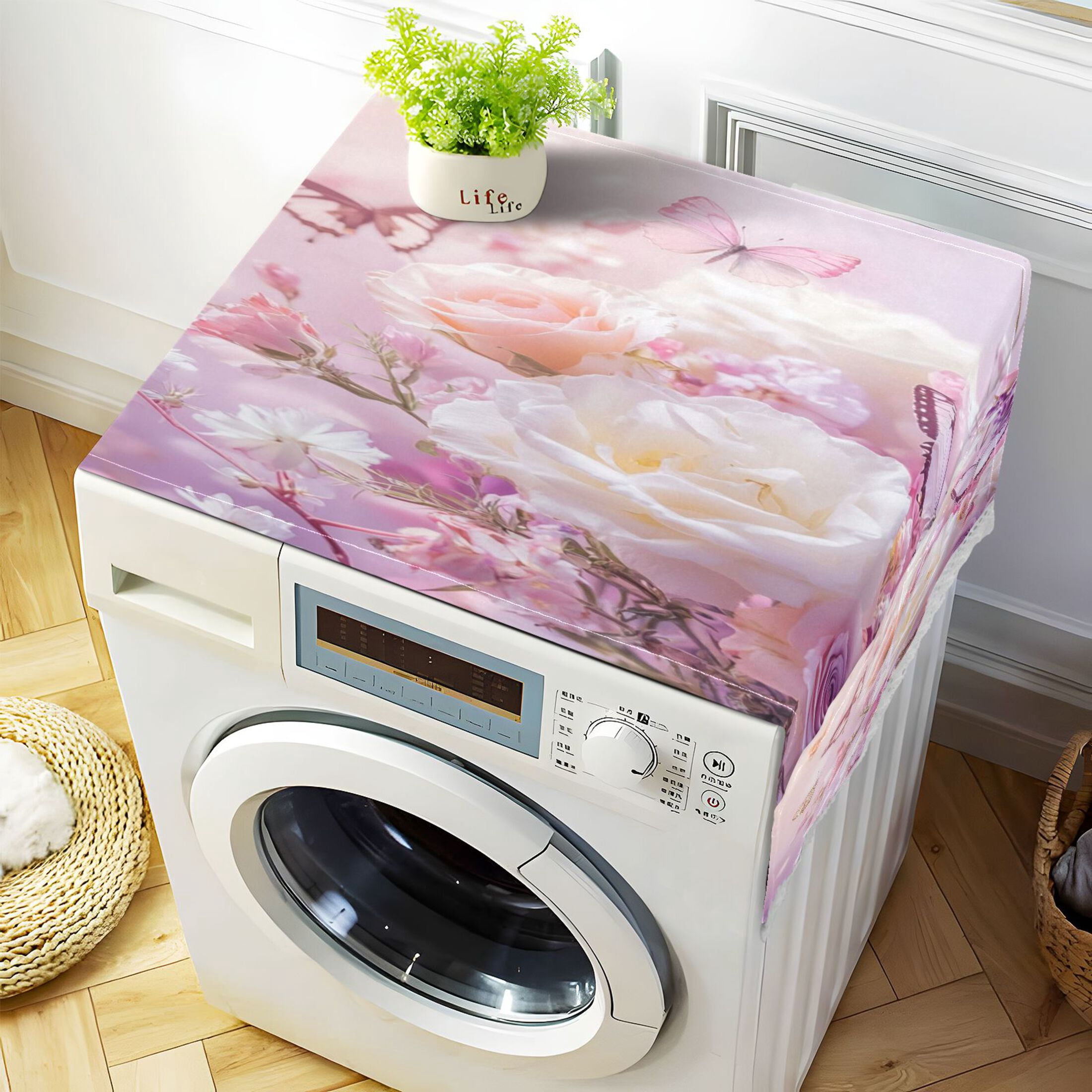 Washing Machine Cover 51.2x22in, Durable Polyester Dust Cover with Lace Trim and Side Pocket for Appliances Butterfly Garden