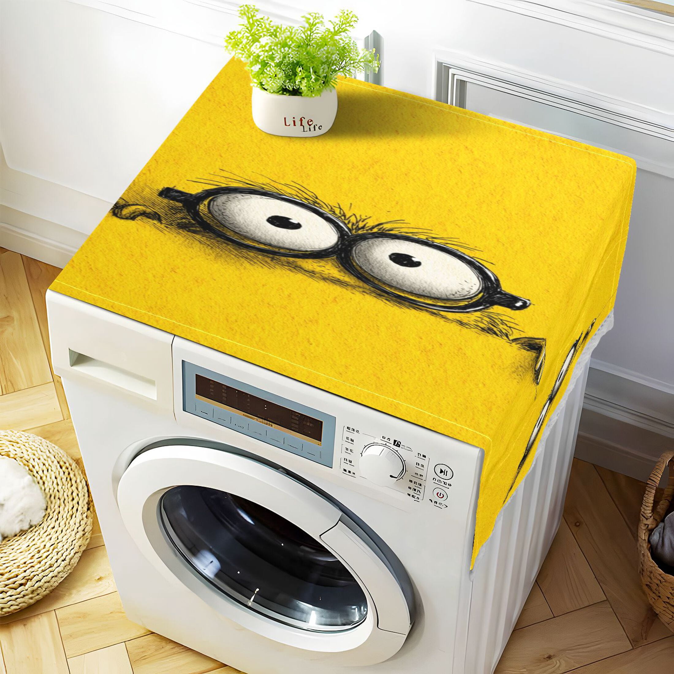 Washing Machine Cover 51.2x22in, Durable Polyester Dust Cover with Lace Trim and Side Pocket for Appliances Cartoon