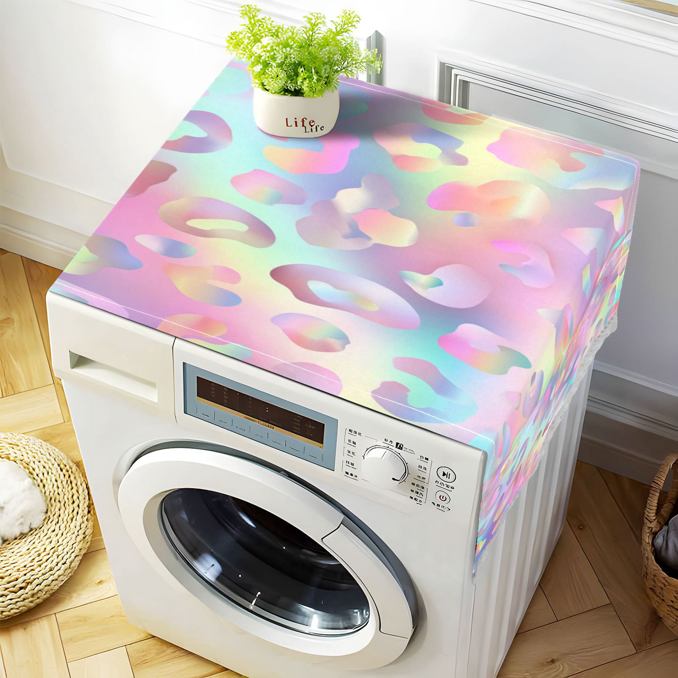 Washing Machine Cover 51.2x22in, Durable Polyester Dust Cover with Lace Trim and Side Pocket for Appliances Colorful Leopard Print