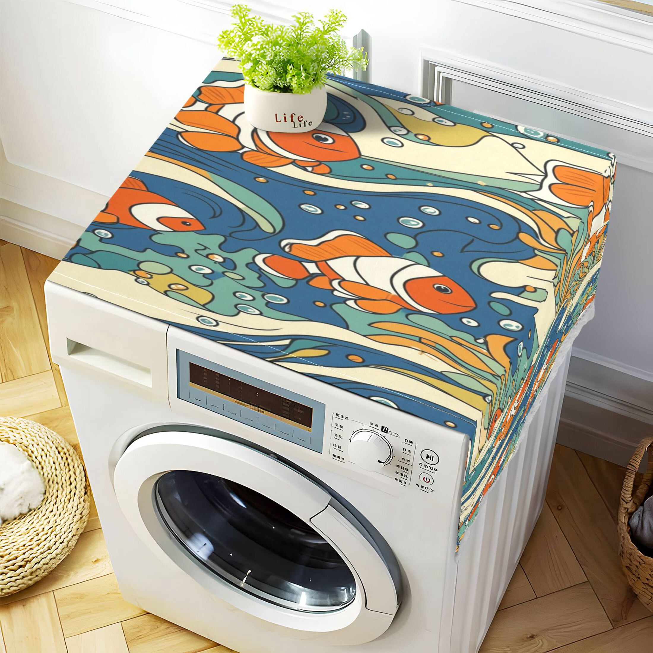 Washing Machine Cover 51.2x22in, Durable Polyester Dust Cover with Lace Trim and Side Pocket for Appliances Cute Clownfish Patterns