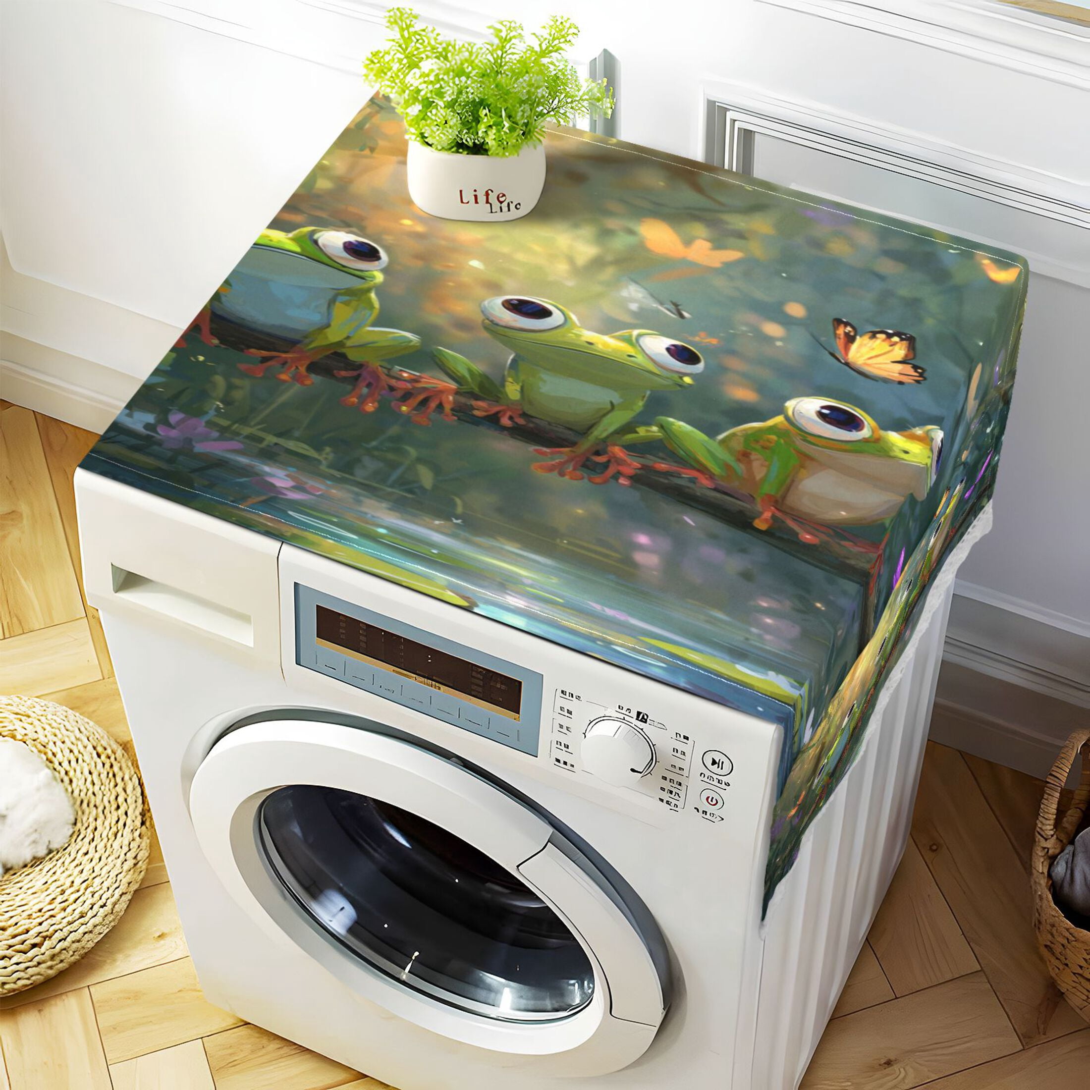 Washing Machine Cover 51.2x22in, Durable Polyester Dust Cover with Lace Trim and Side Pocket for Appliances Cute Frog