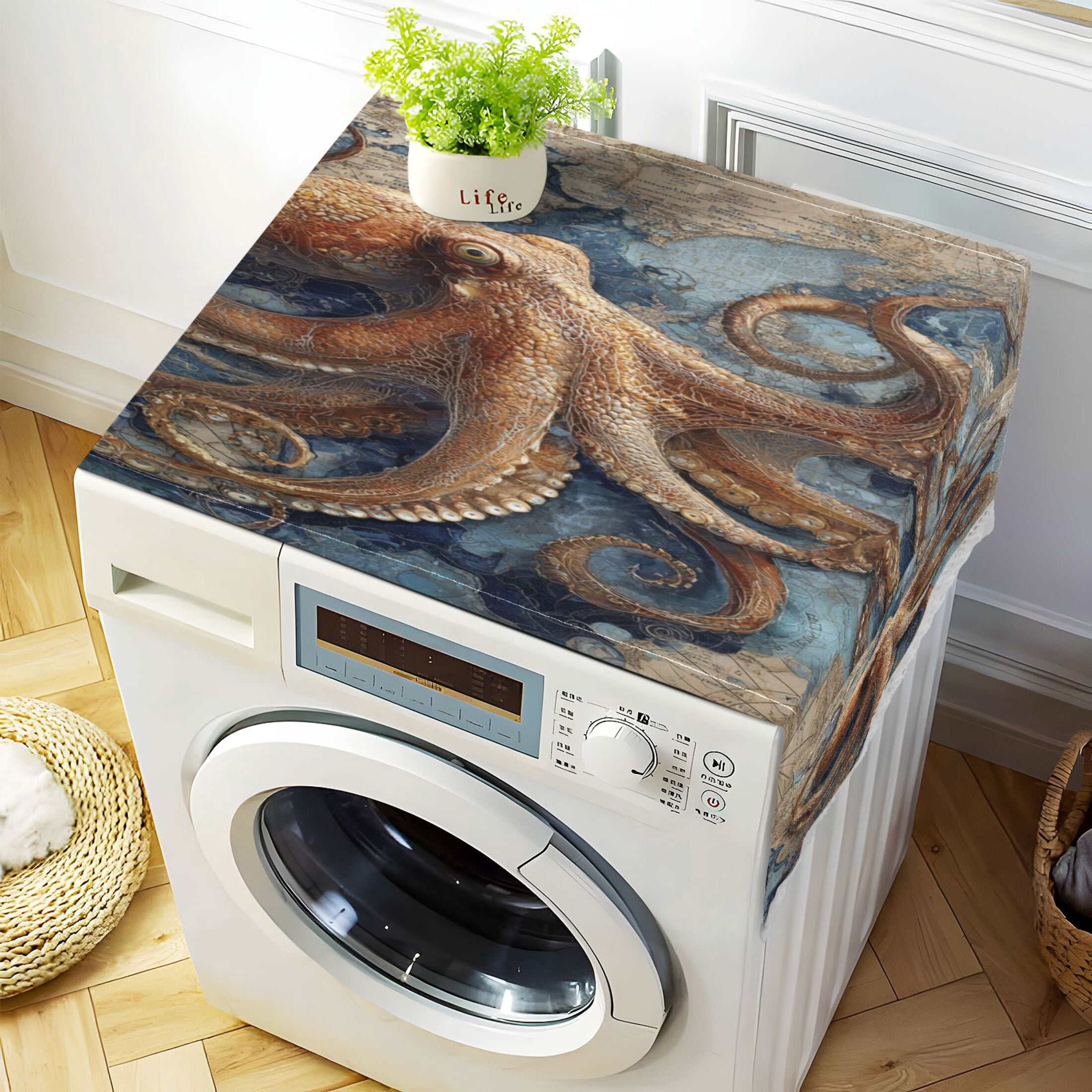 Washing Machine Cover 51.2x22in, Durable Polyester Dust Cover with Lace Trim and Side Pocket for Appliances Deep Sea Octopus