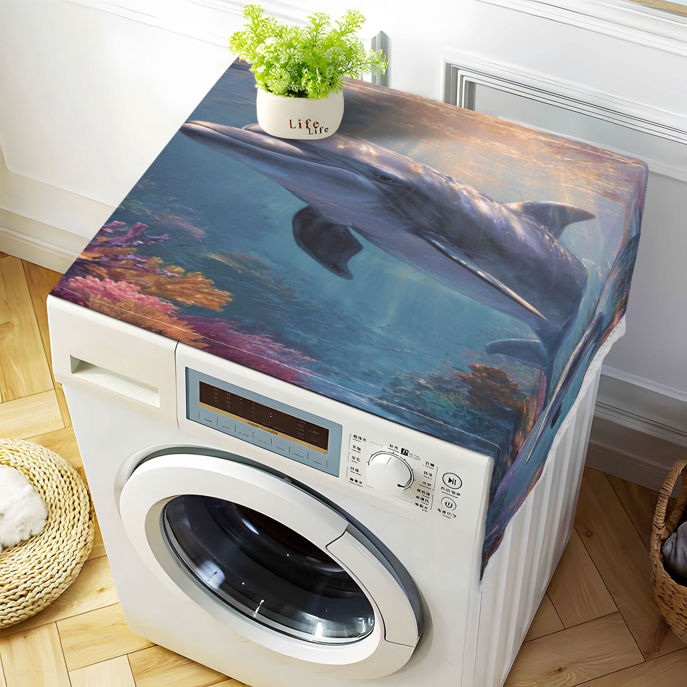 Washing Machine Cover 51.2x22in, Durable Polyester Dust Cover with Lace Trim and Side Pocket for Appliances Dolphin