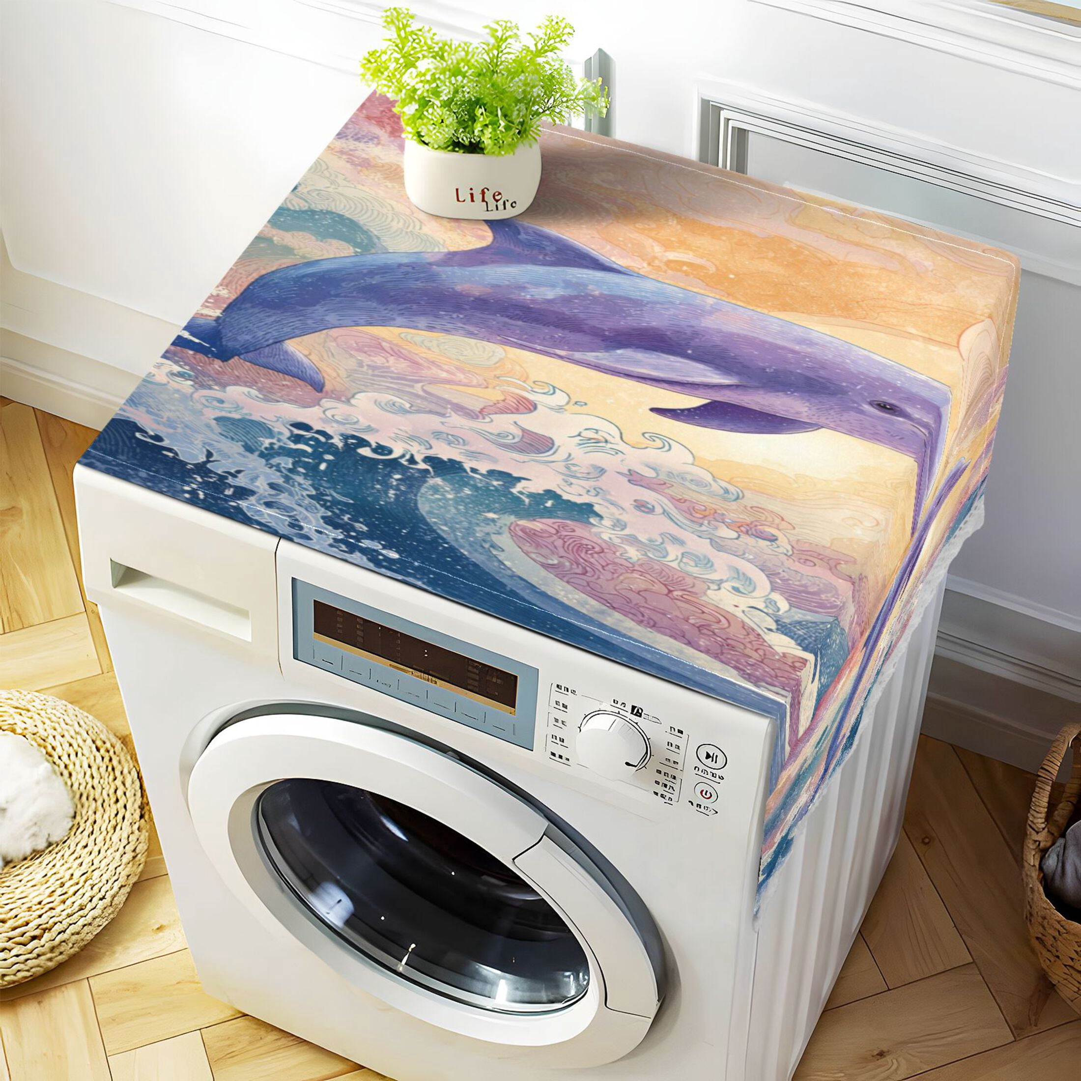 Washing Machine Cover 51.2x22in, Durable Polyester Dust Cover with Lace Trim and Side Pocket for Appliances Dolphin