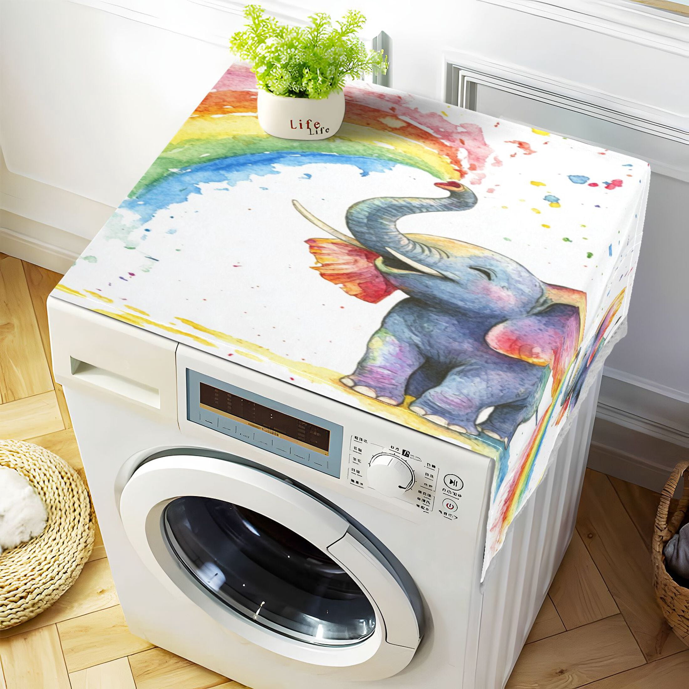 Washing Machine Cover 51.2x22in, Durable Polyester Dust Cover with Lace Trim and Side Pocket for Appliances Elephant Color Spraying