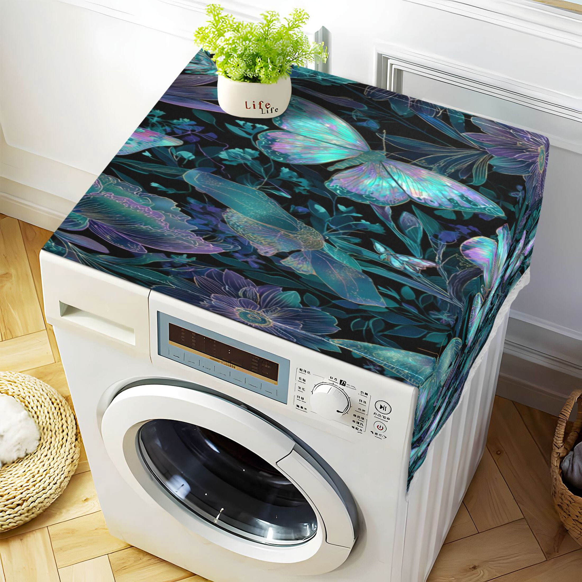 Washing Machine Cover 51.2x22in, Durable Polyester Dust Cover with Lace Trim and Side Pocket for Appliances Fluorescent Blue Butterfly