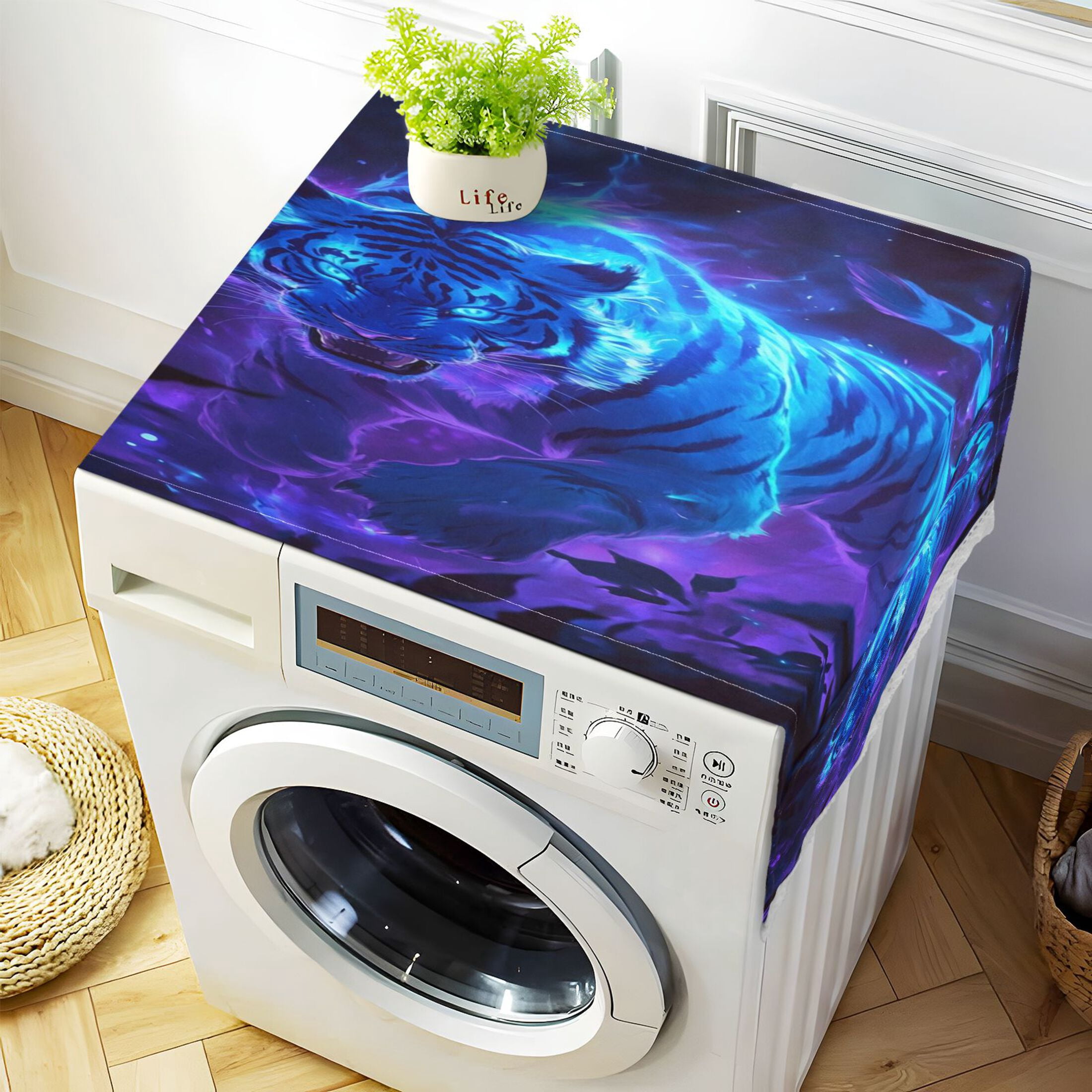 Washing Machine Cover 51.2x22in, Durable Polyester Dust Cover with Lace Trim and Side Pocket for Appliances Glowing Blue Tiger