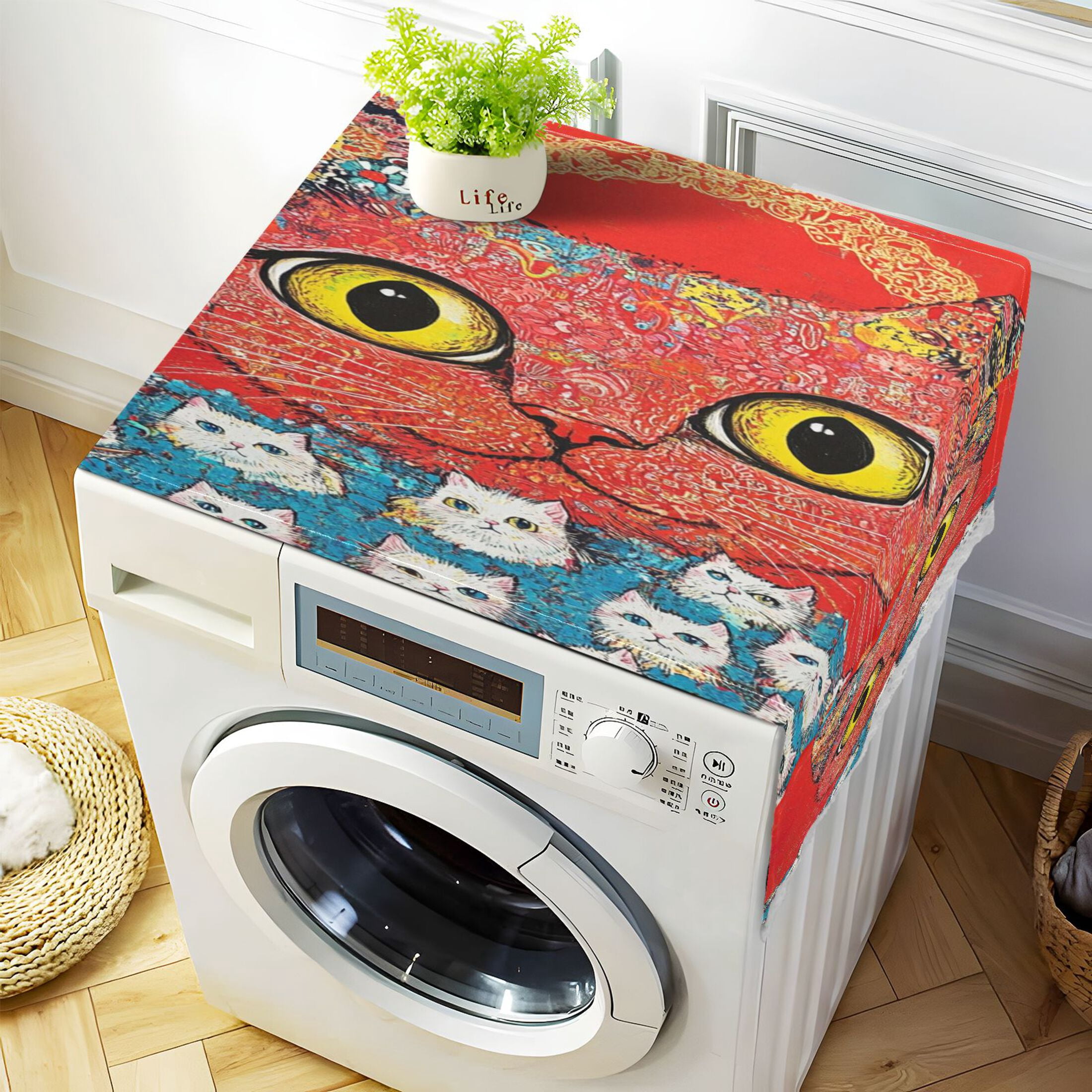 Washing Machine Cover 51.2x22in, Durable Polyester Dust Cover with Lace Trim and Side Pocket for Appliances Graffiti Cat