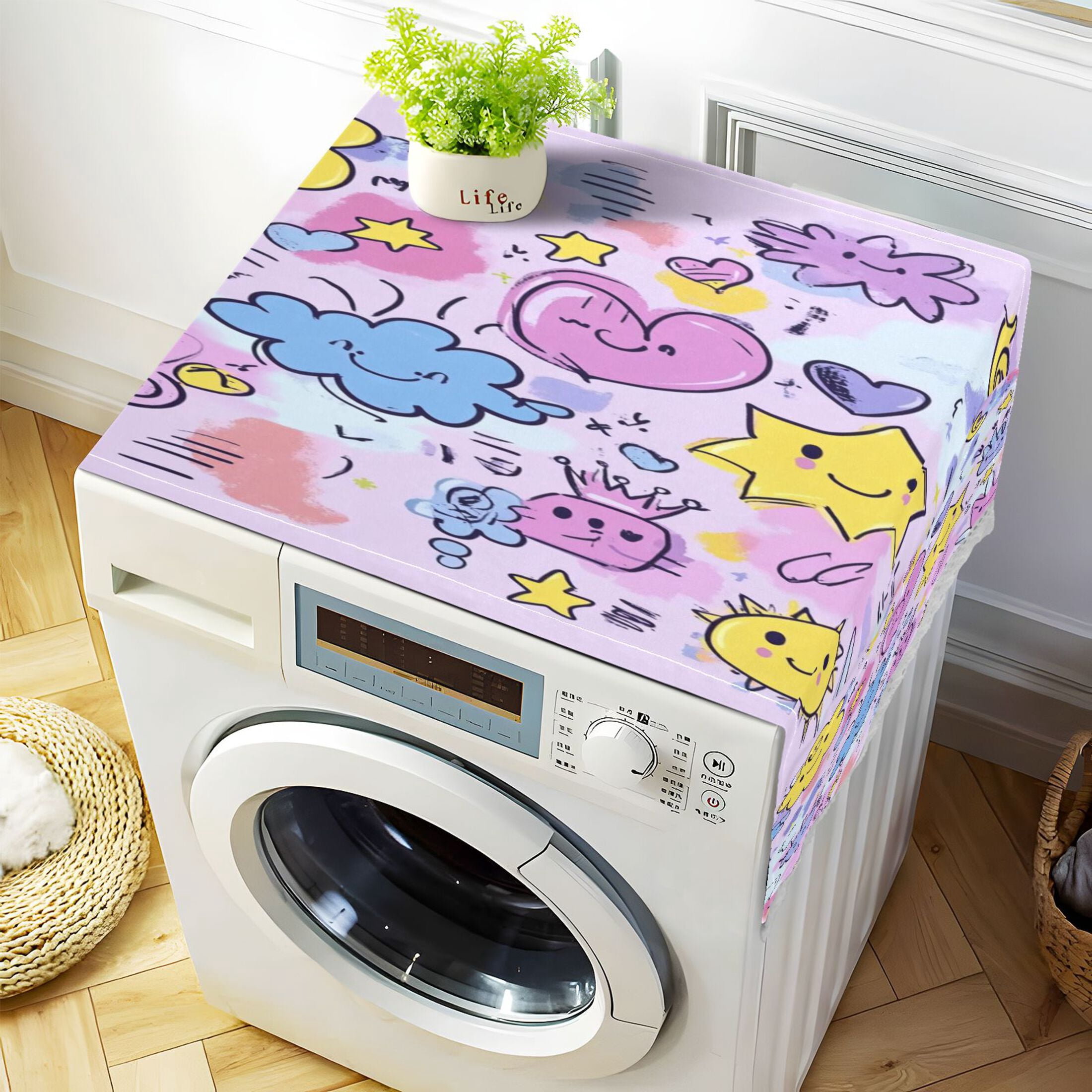 Washing Machine Cover 51.2x22in, Durable Polyester Dust Cover with Lace Trim and Side Pocket for Appliances Graffiti Elements Pattern