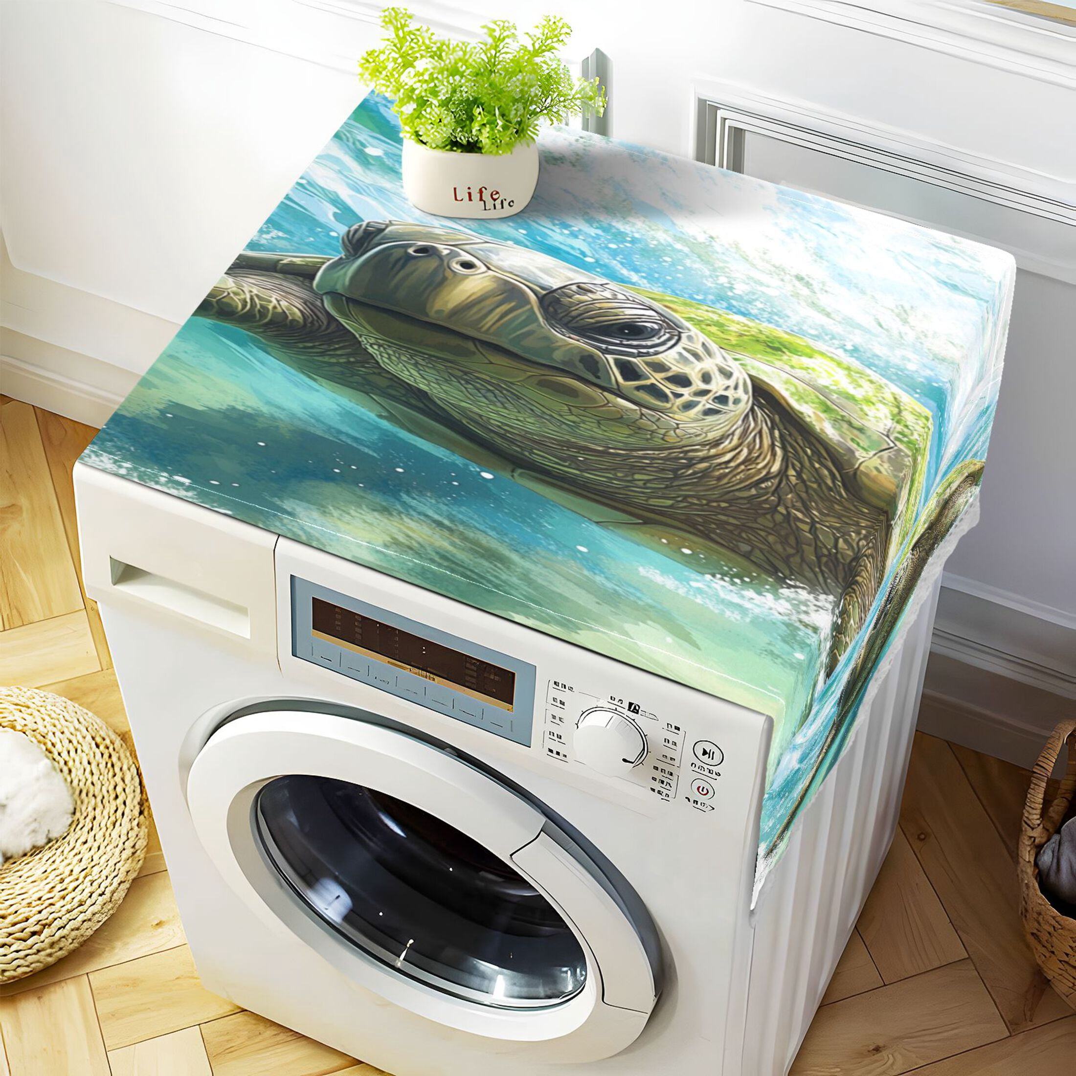 Washing Machine Cover 51.2x22in, Durable Polyester Dust Cover with Lace Trim and Side Pocket for Appliances Great Turtle