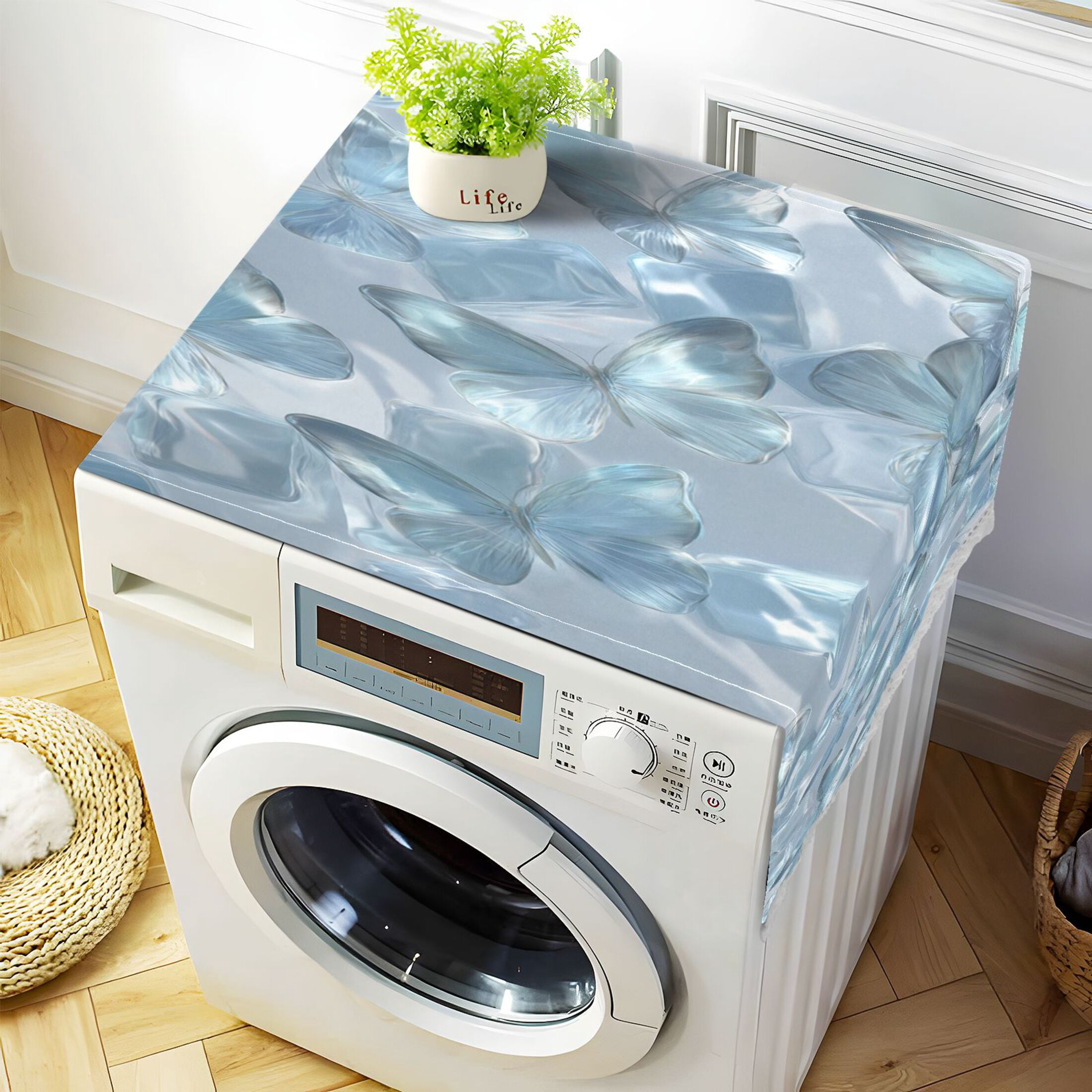 Washing Machine Cover 51.2x22in, Durable Polyester Dust Cover with Lace Trim and Side Pocket for Appliances Ice Butterfly