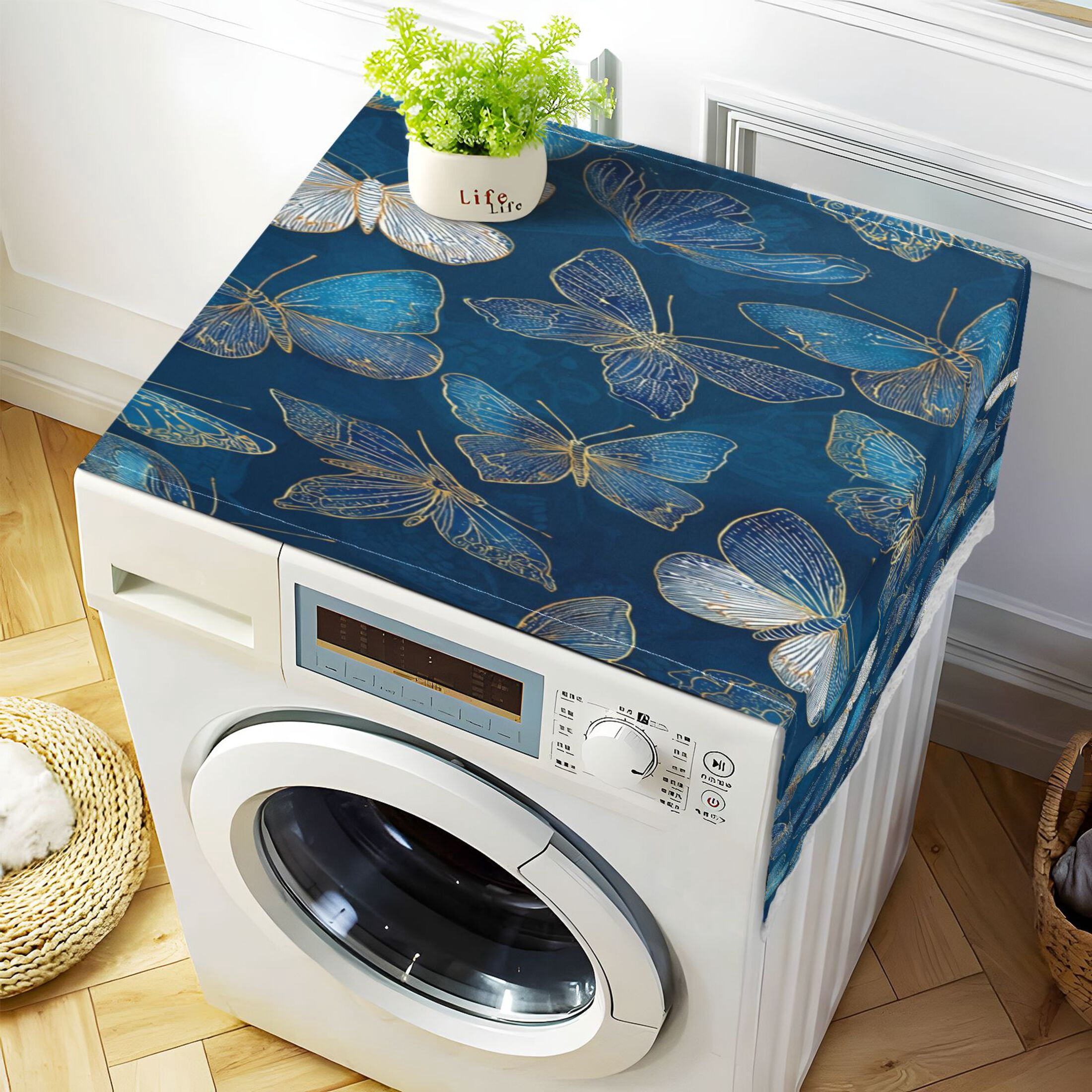 Washing Machine Cover 51.2x22in, Durable Polyester Dust Cover with Lace Trim and Side Pocket for Appliances Indigo Butterflies