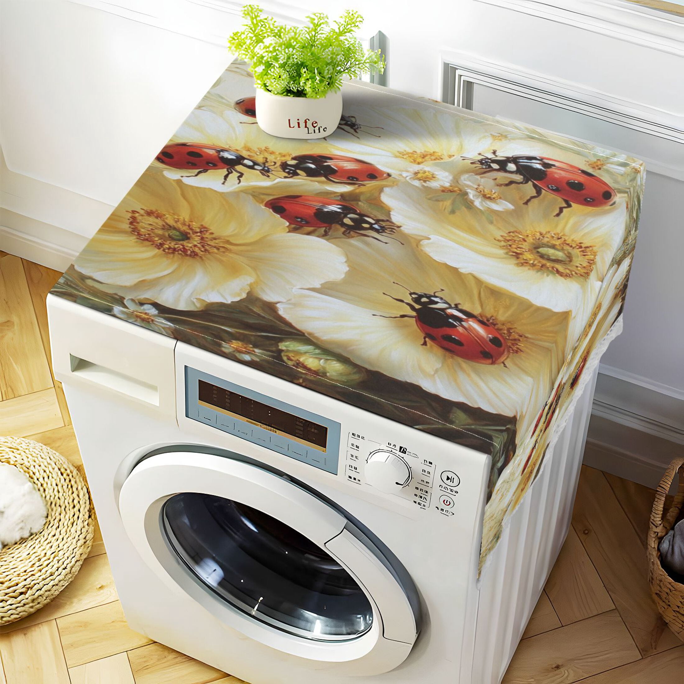 Washing Machine Cover 51.2x22in, Durable Polyester Dust Cover with Lace Trim and Side Pocket for Appliances Ladybugs Picking Flowers