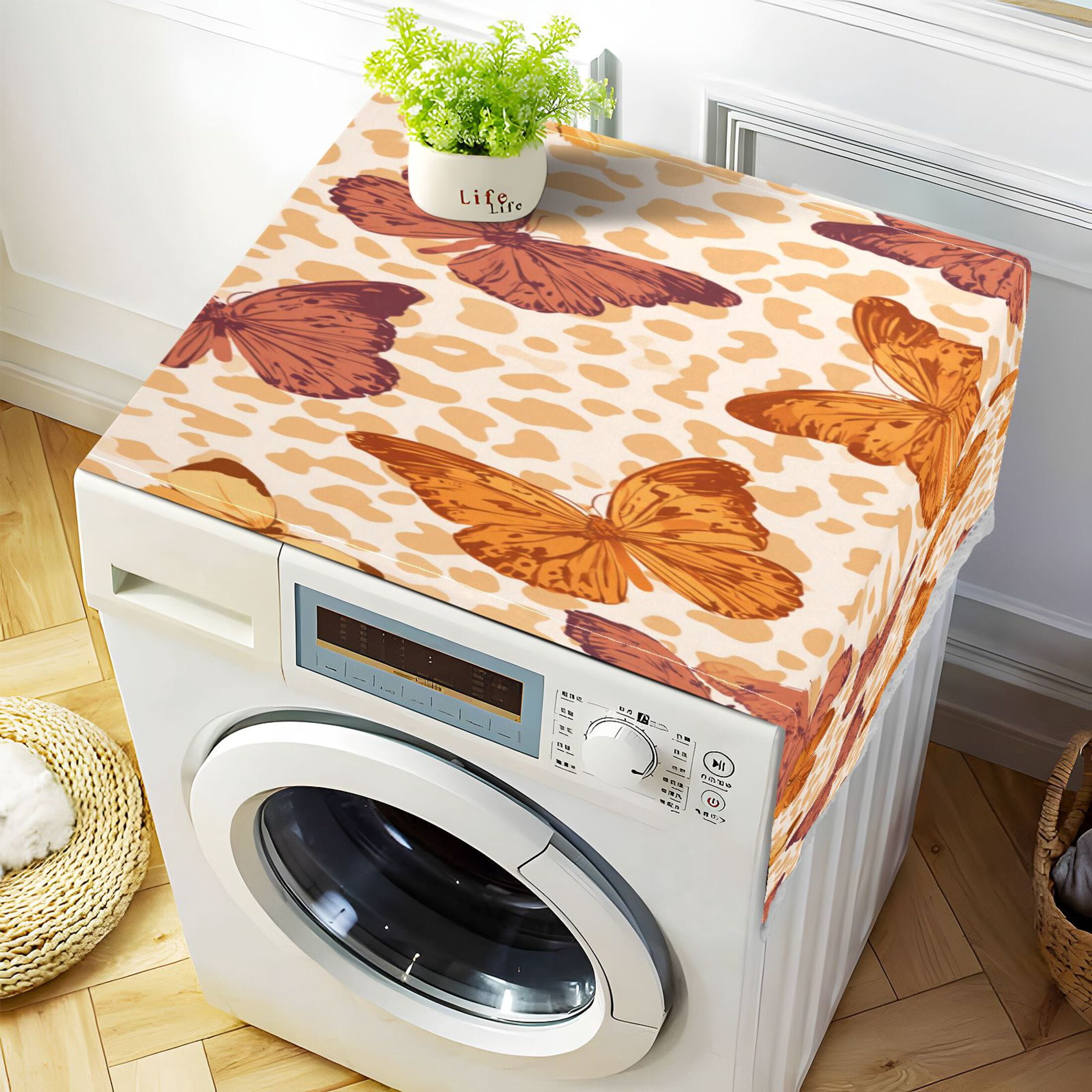 Washing Machine Cover 51.2x22in, Durable Polyester Dust Cover with Lace Trim and Side Pocket for Appliances Leopard Print Butterfly