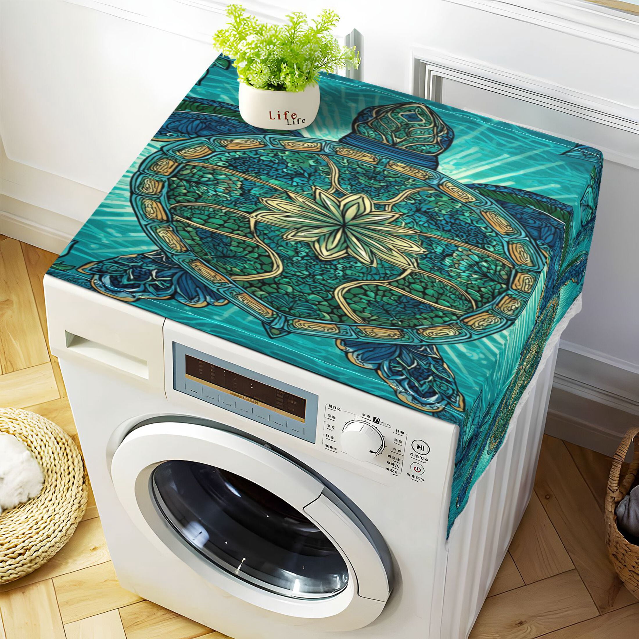 Washing Machine Cover 51.2x22in, Durable Polyester Dust Cover with Lace Trim and Side Pocket for Appliances Mandala Turtle