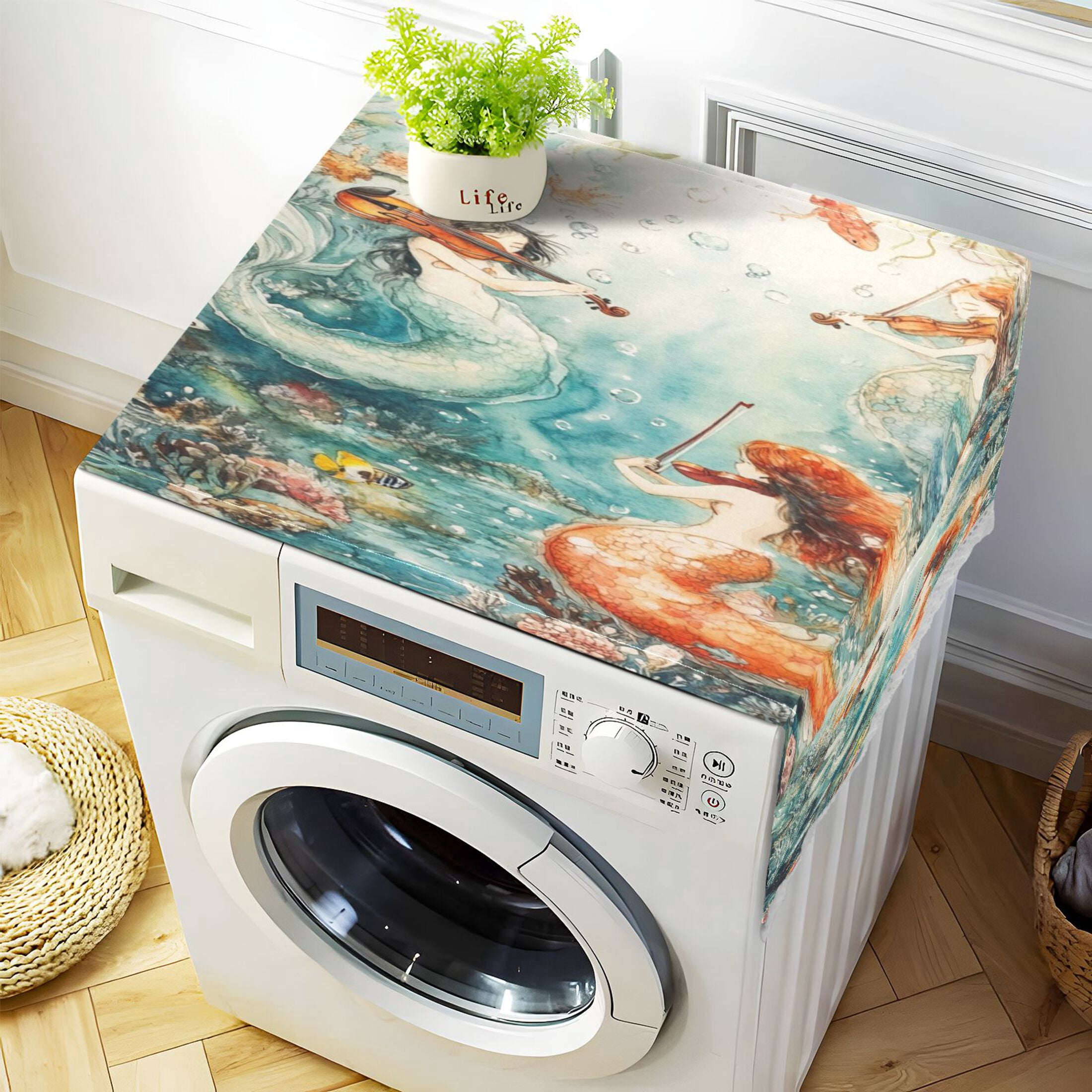 Washing Machine Cover 51.2x22in, Durable Polyester Dust Cover with Lace Trim and Side Pocket for Appliances Mermaid Plays Music