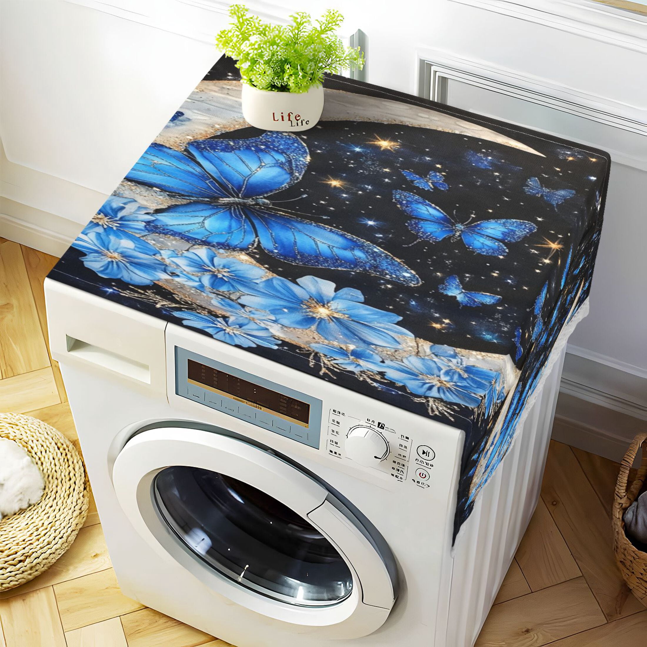 Washing Machine Cover 51.2x22in, Durable Polyester Dust Cover with Lace Trim and Side Pocket for Appliances Moon with Butterflies