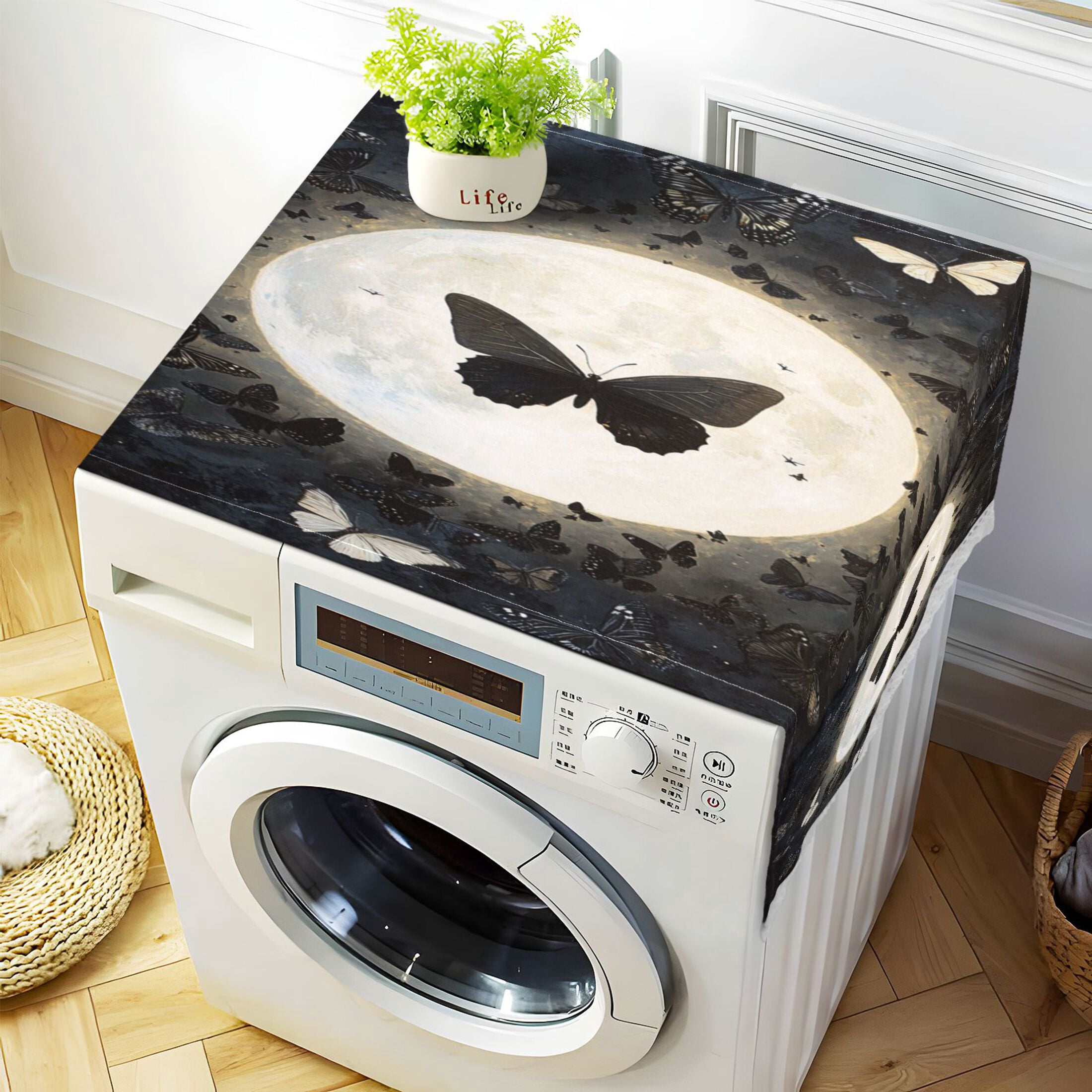 Washing Machine Cover 51.2x22in, Durable Polyester Dust Cover with Lace Trim and Side Pocket for Appliances Moonlight Butterfly