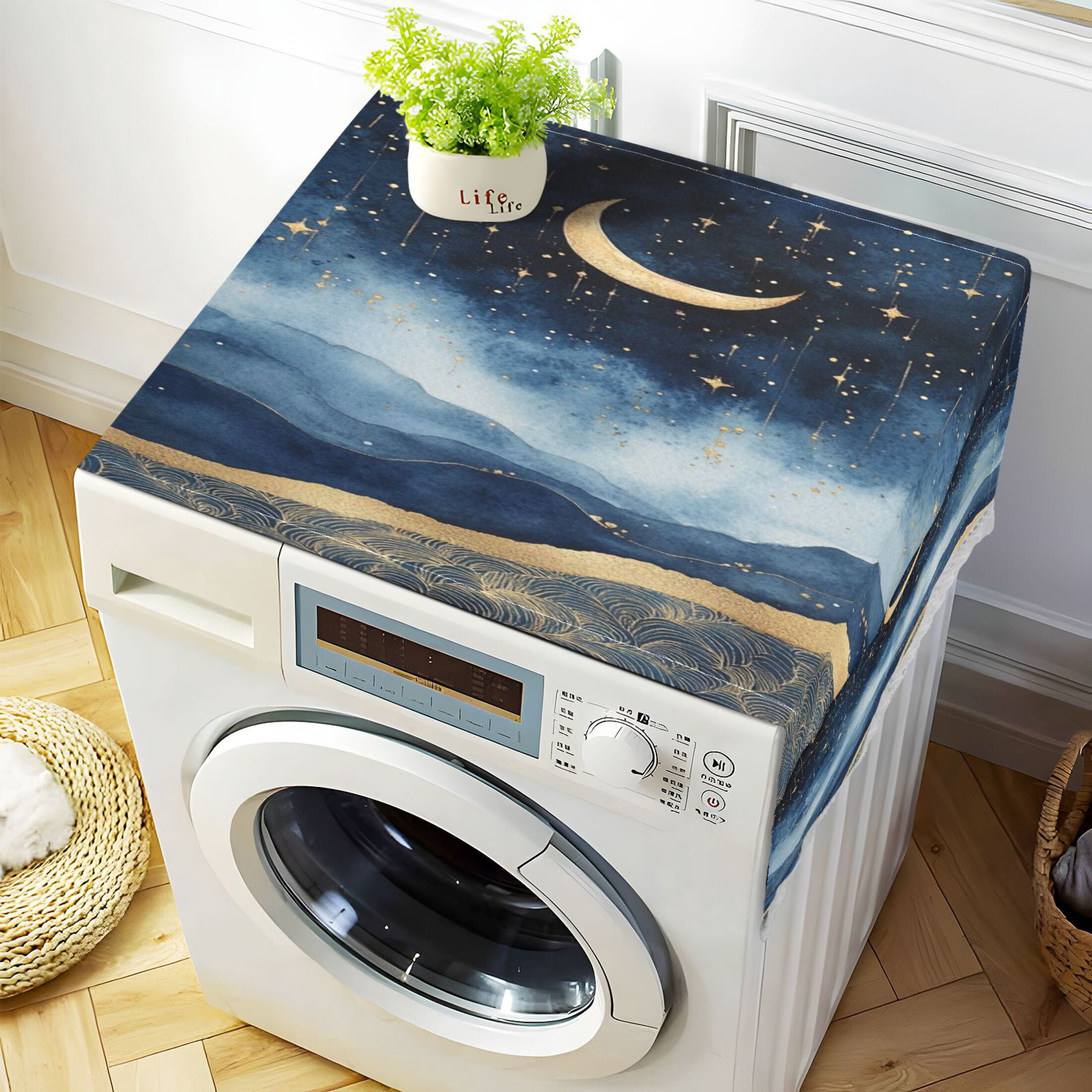 Washing Machine Cover 51.2x22in, Durable Polyester Dust Cover with Lace Trim and Side Pocket for Appliances Night Sky over The Sea