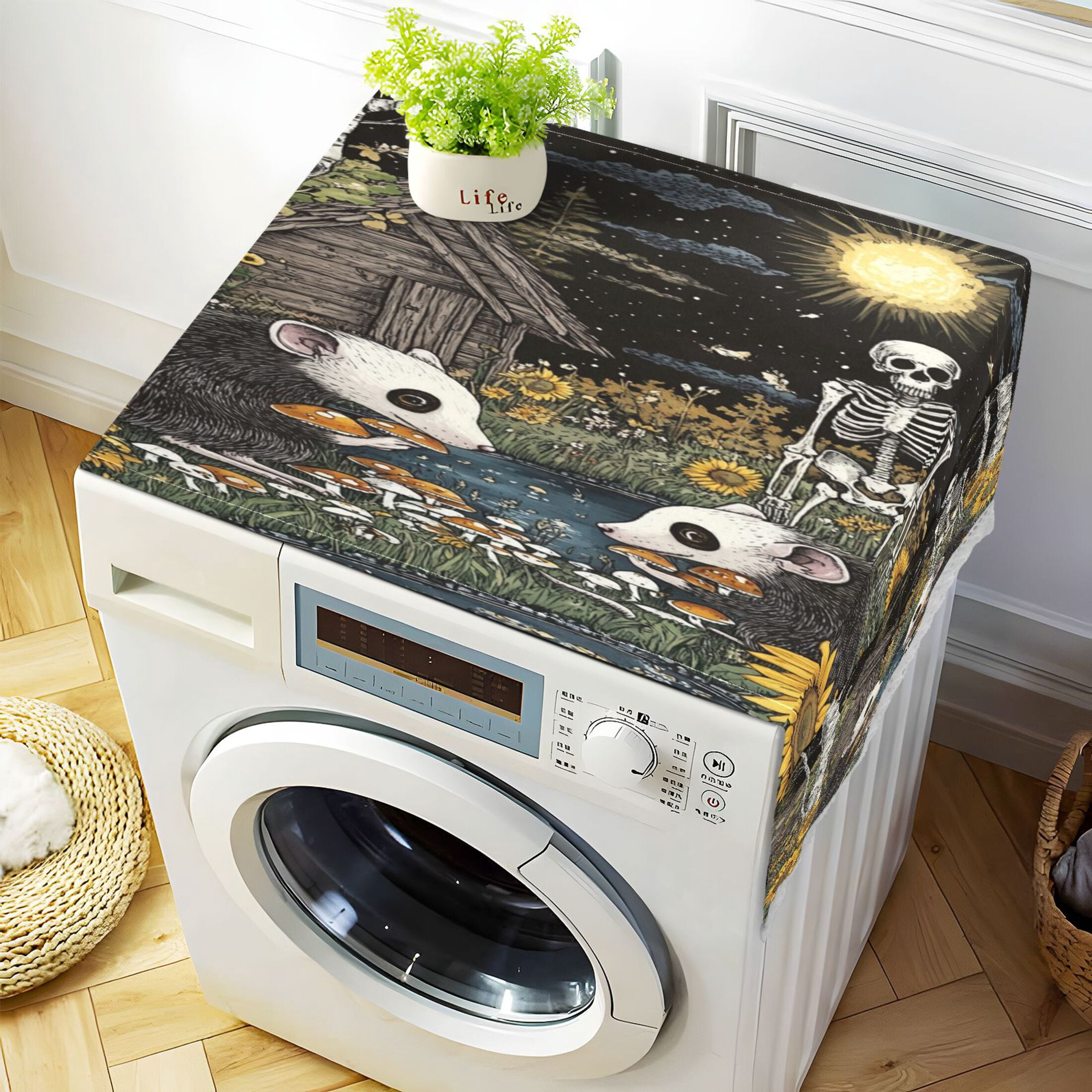 Washing Machine Cover 51.2x22in, Durable Polyester Dust Cover with Lace Trim and Side Pocket for Appliances Opossum Mushroom