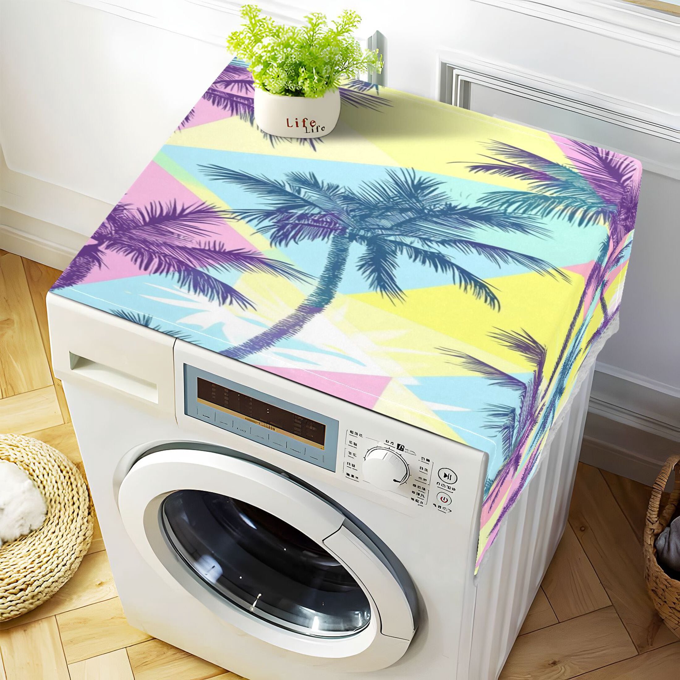 Washing Machine Cover 51.2x22in, Durable Polyester Dust Cover with Lace Trim and Side Pocket for Appliances Palm Tree Silhouettes
