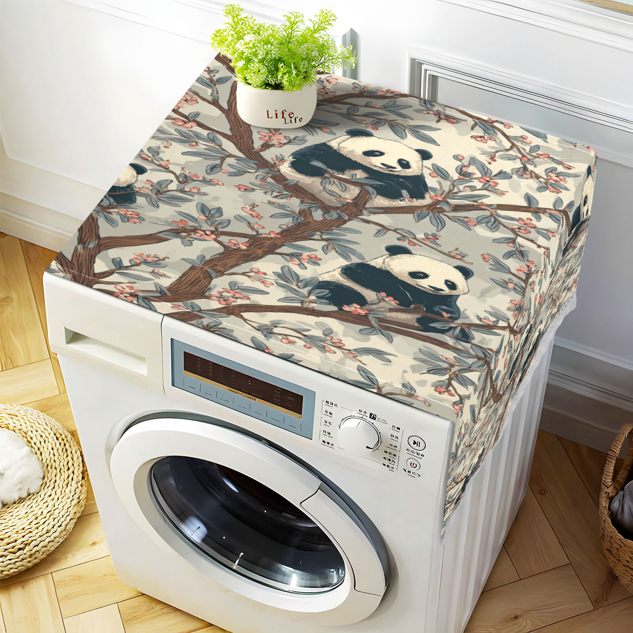 Washing Machine Cover 51.2x22in, Durable Polyester Dust Cover with Lace Trim and Side Pocket for Appliances Panda Pattern