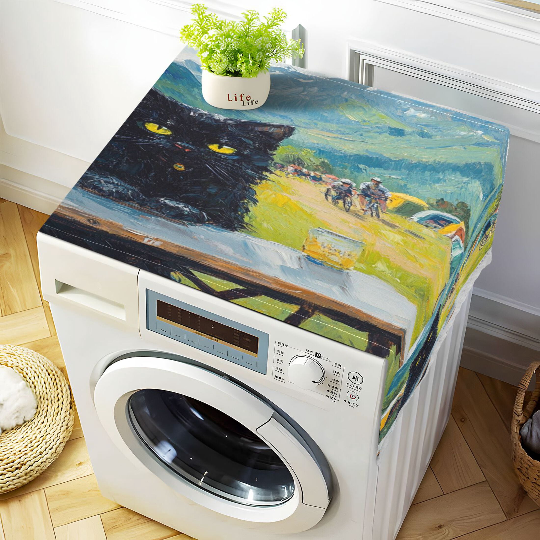 Washing Machine Cover 51.2x22in, Durable Polyester Dust Cover with Lace Trim and Side Pocket for Appliances Picnic Black Cat
