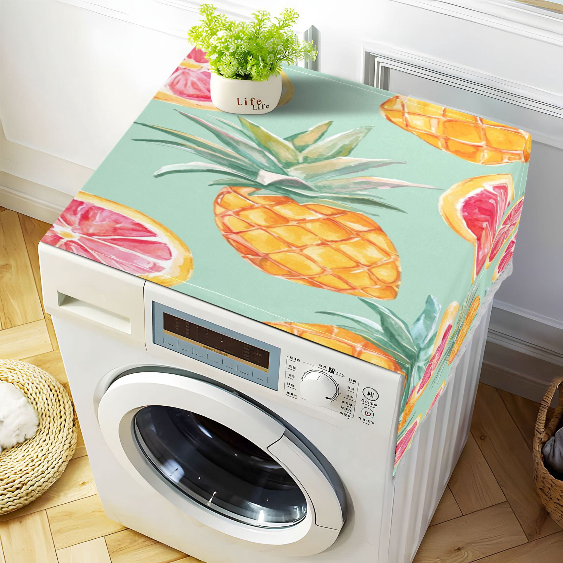 Washing Machine Cover 51.2x22in, Durable Polyester Dust Cover with Lace Trim and Side Pocket for Appliances Pineapple Blood Orange