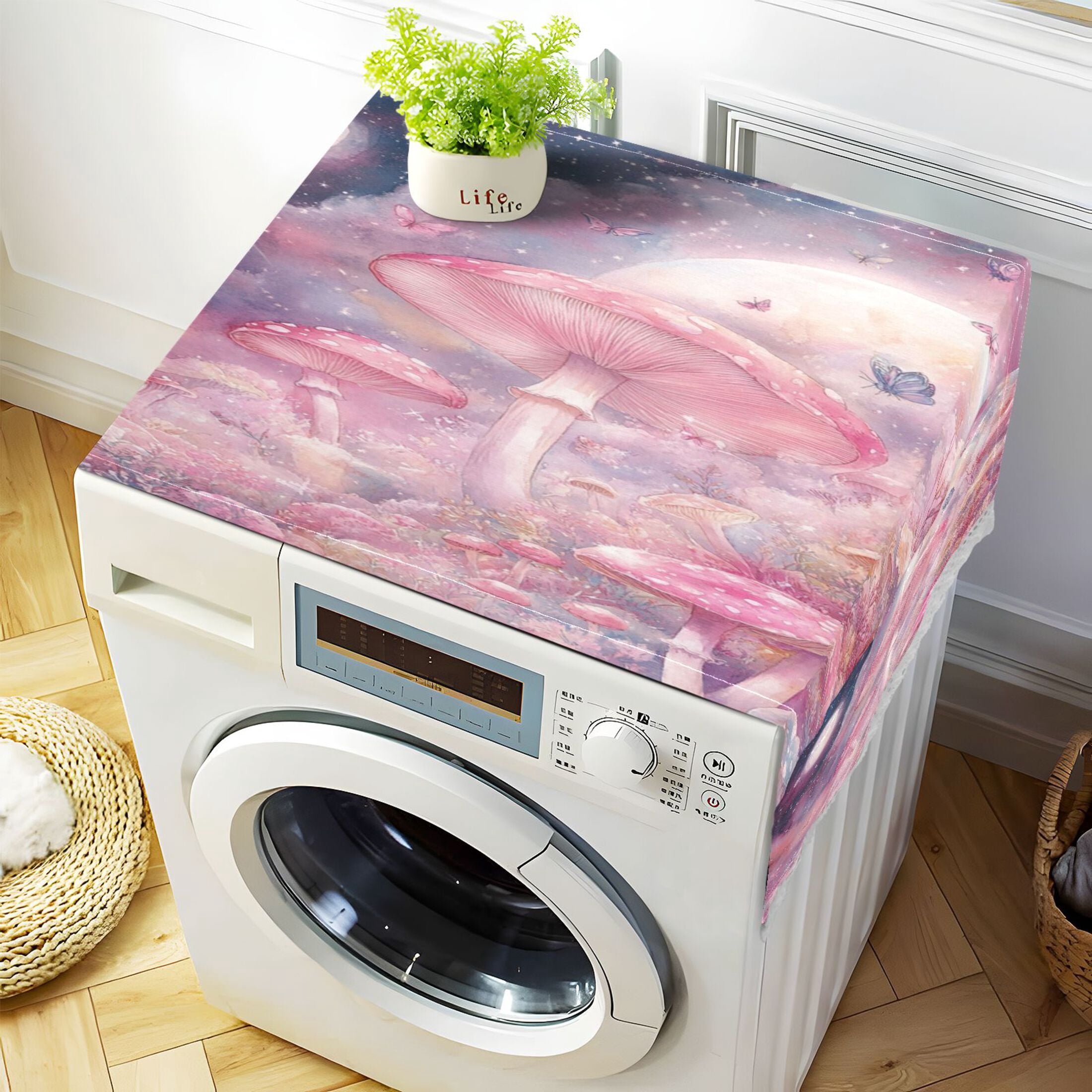 Washing Machine Cover 51.2x22in, Durable Polyester Dust Cover with Lace Trim and Side Pocket for Appliances Pink Mushroom Butterfly