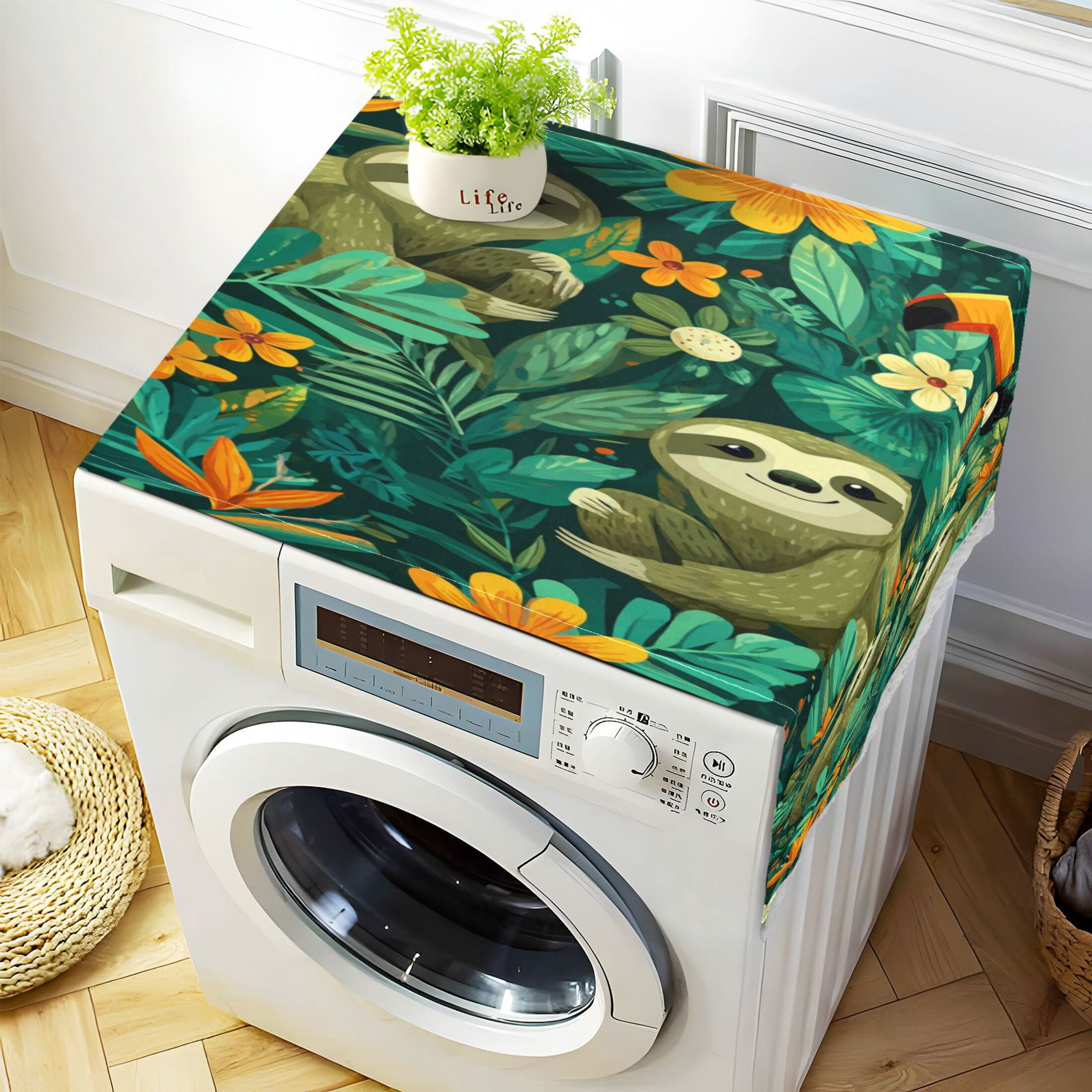 Washing Machine Cover 51.2x22in, Durable Polyester Dust Cover with Lace Trim and Side Pocket for Appliances Playful Sloths