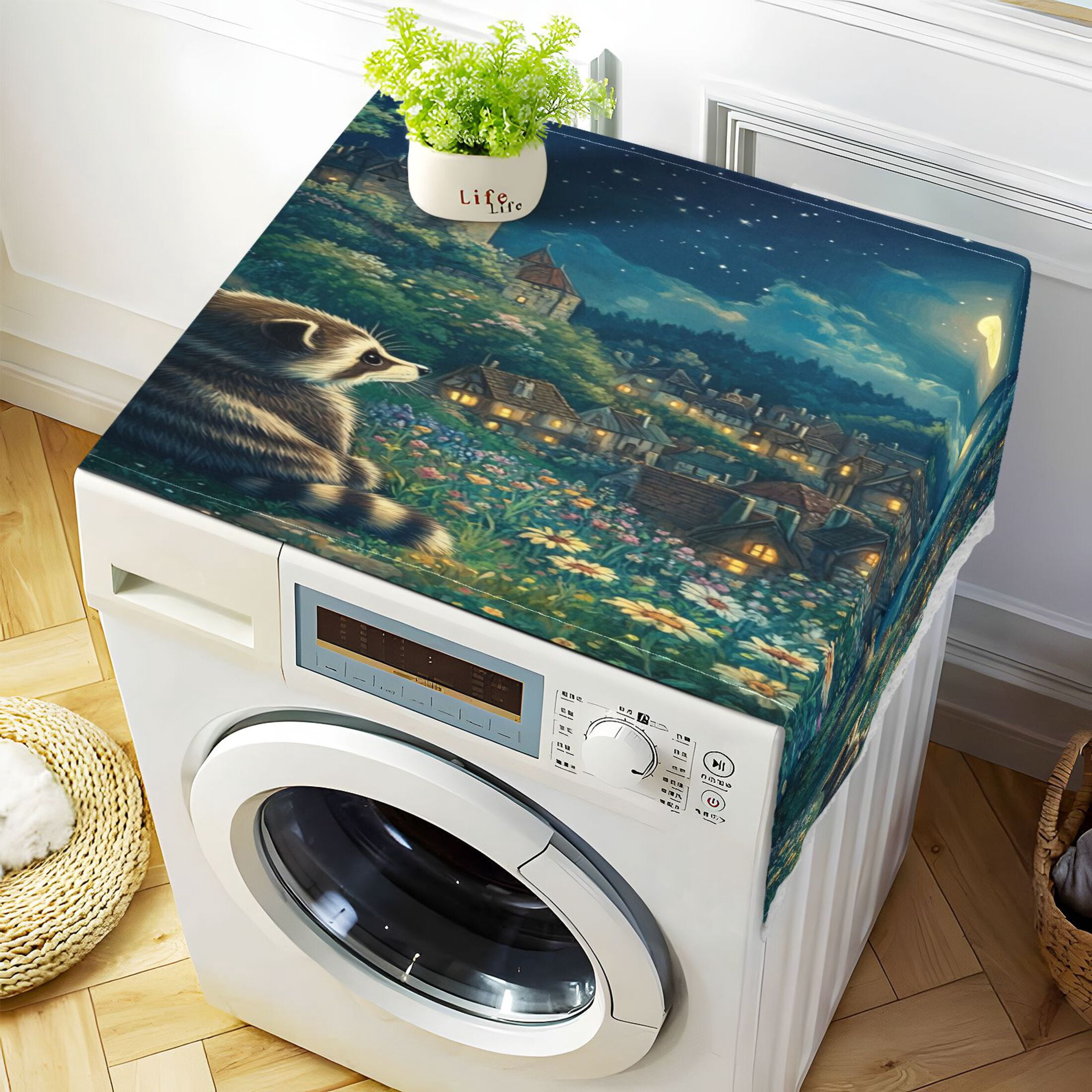 Washing Machine Cover 51.2x22in, Durable Polyester Dust Cover with Lace Trim and Side Pocket for Appliances Raccoon Journey
