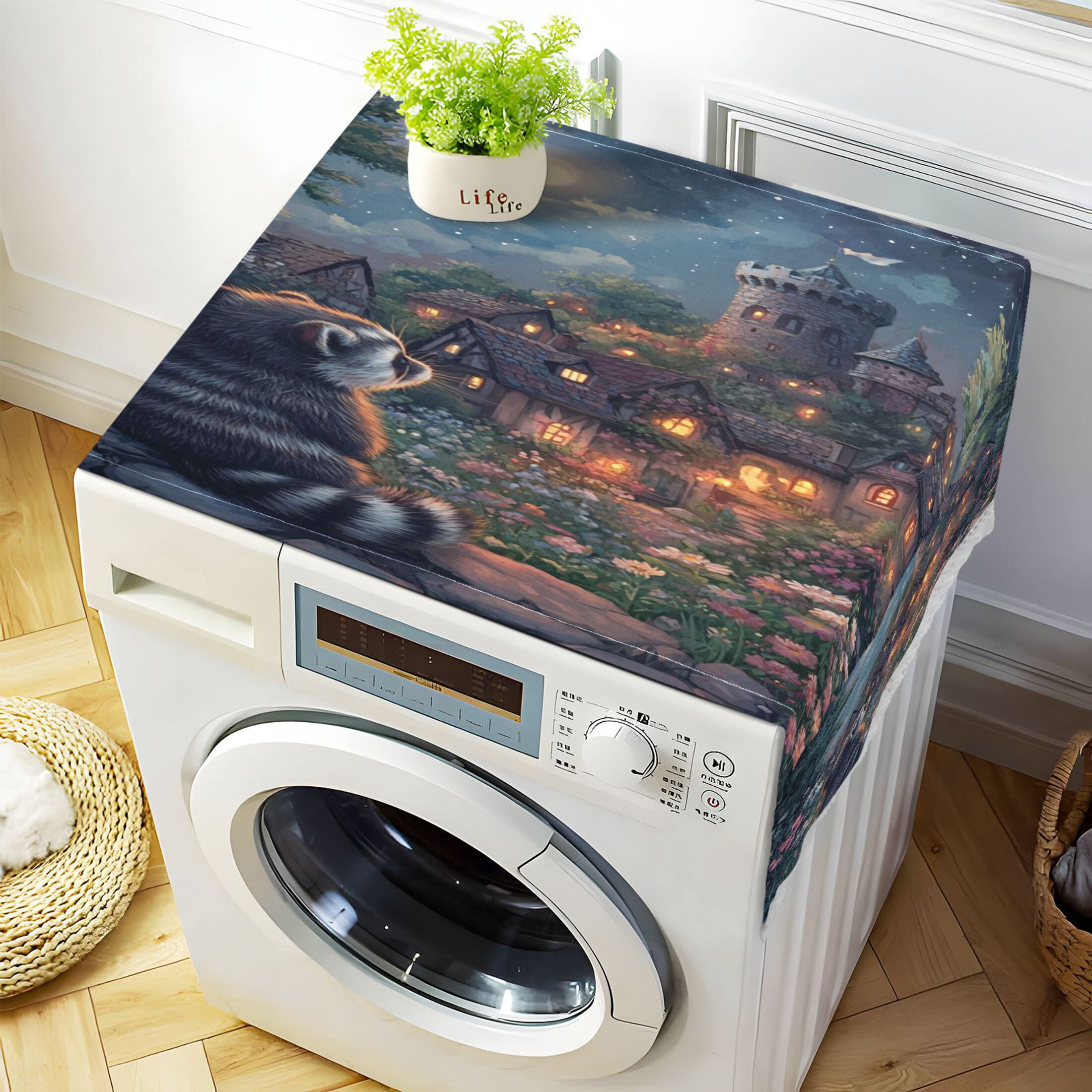 Washing Machine Cover 51.2x22in, Durable Polyester Dust Cover with Lace Trim and Side Pocket for Appliances Raccoon Trip