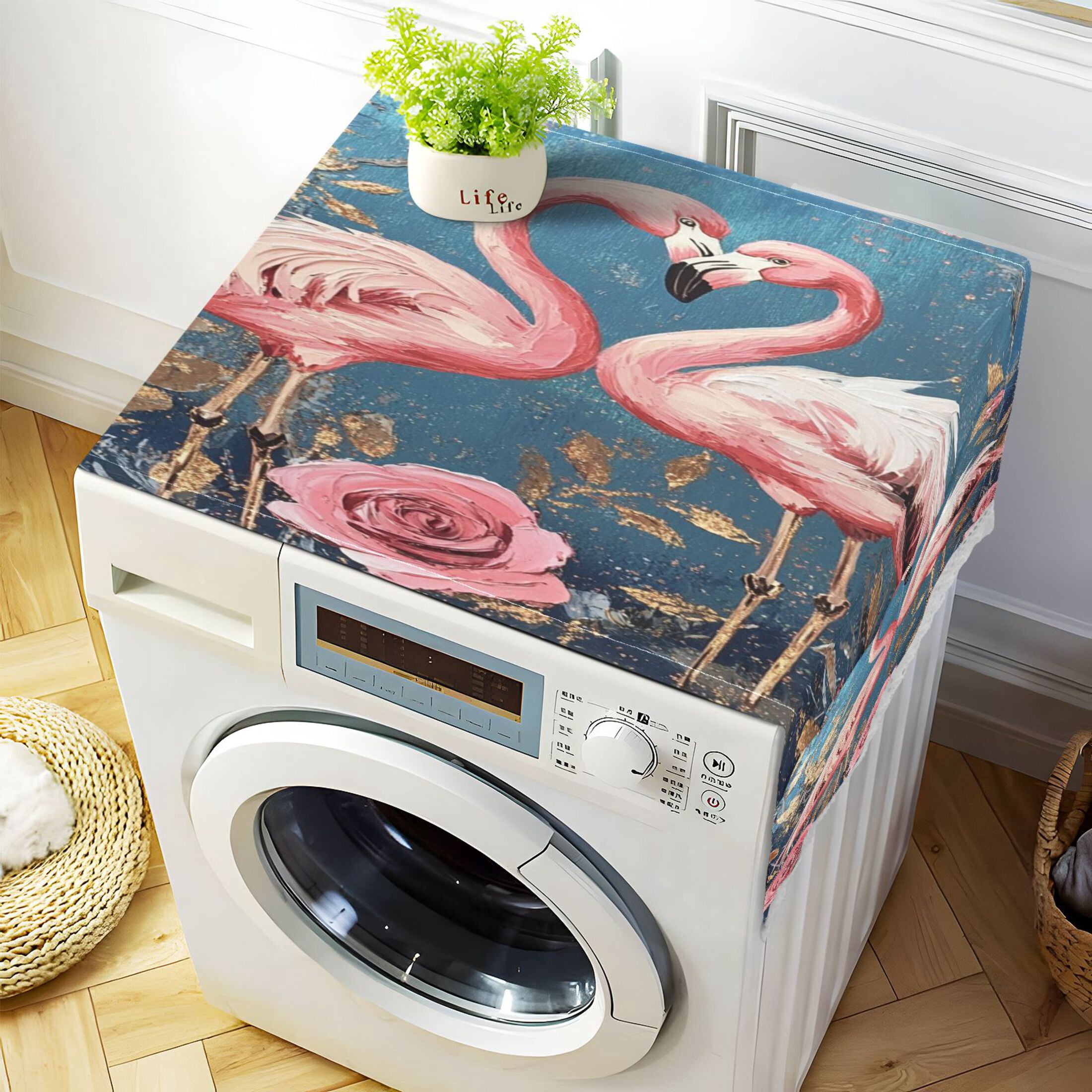 Washing Machine Cover 51.2x22in, Durable Polyester Dust Cover with Lace Trim and Side Pocket for Appliances Raggedy Pink Flamingos