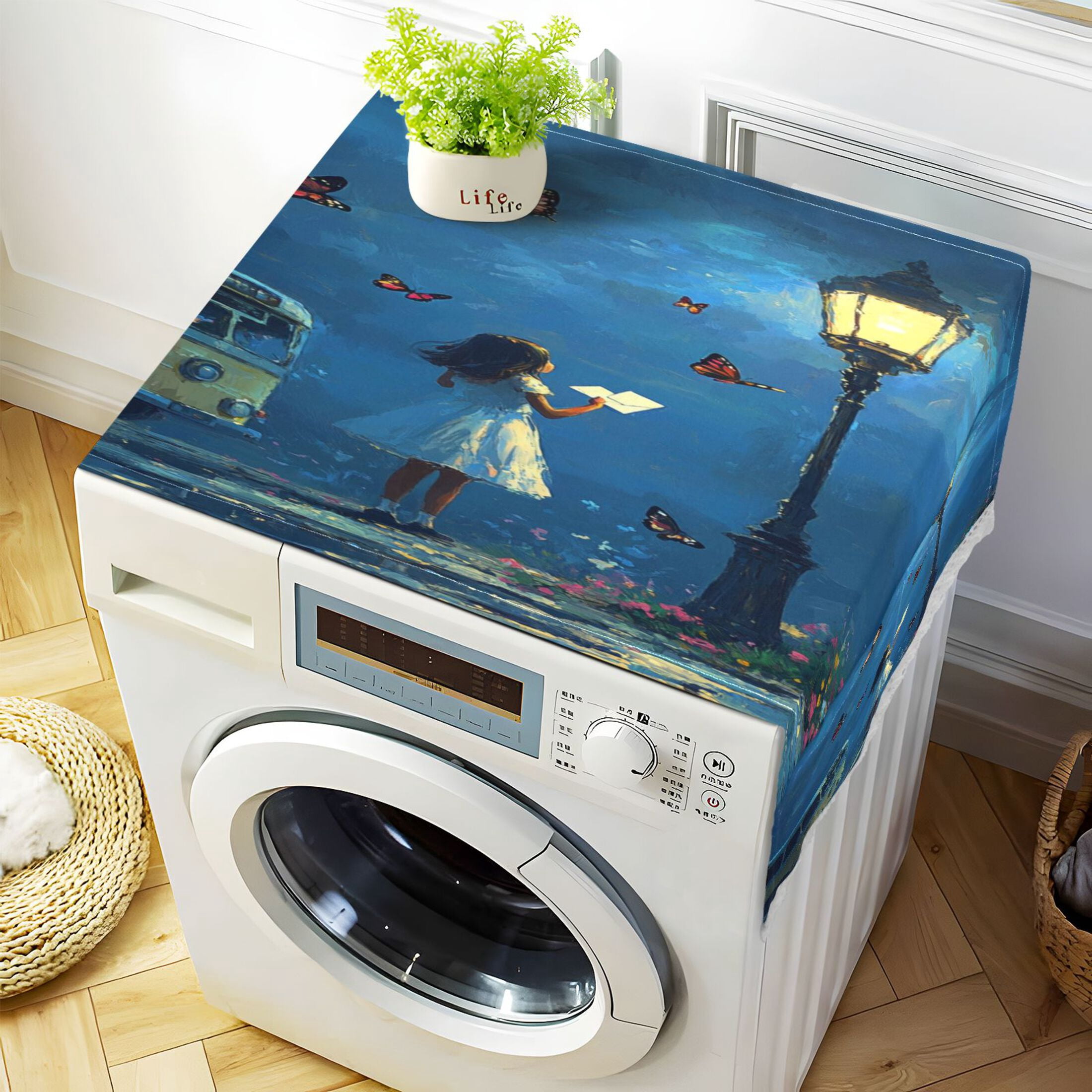 Washing Machine Cover 51.2x22in, Durable Polyester Dust Cover with Lace Trim and Side Pocket for Appliances Reading under The Streetlight