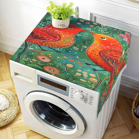 Washing Machine Cover 51.2x22in, Durable Polyester Dust Cover with Lace Trim and Side Pocket for Appliances Red Bird