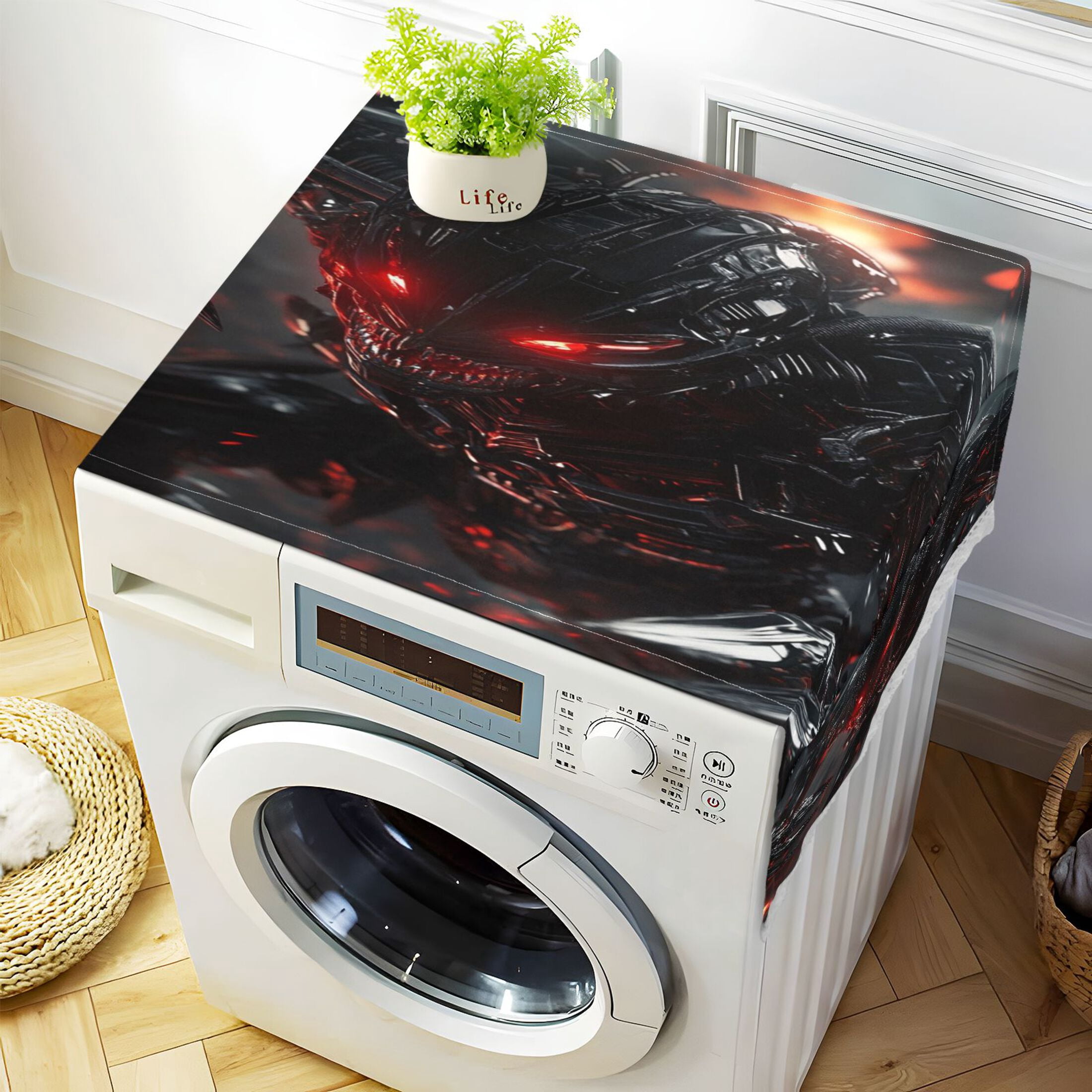 Washing Machine Cover 51.2x22in, Durable Polyester Dust Cover with Lace Trim and Side Pocket for Appliances Red Eyes Robot
